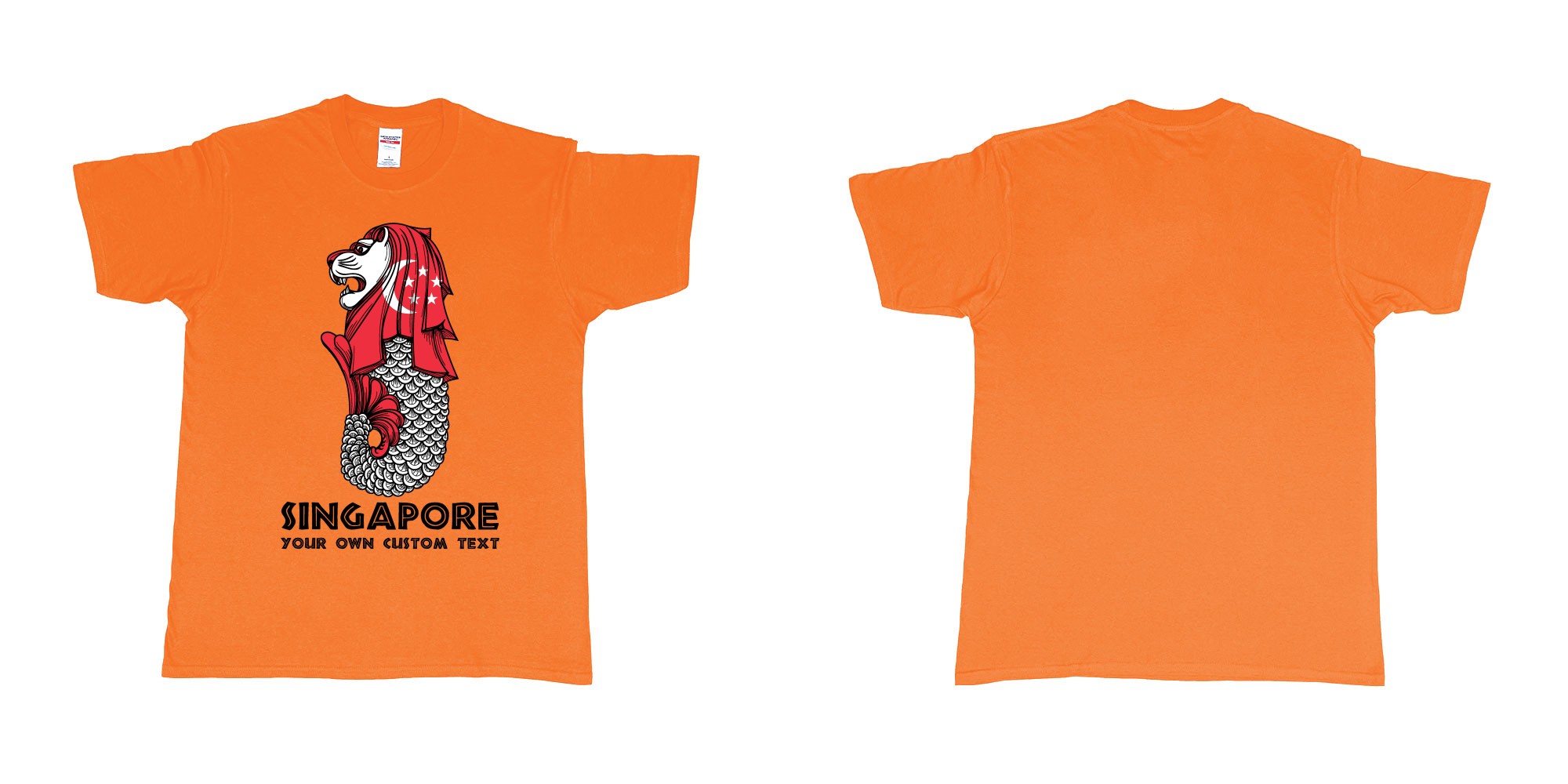 Custom tshirt design merlion singapore mascot statue lion in fabric color orange choice your own text made in Bali by The Pirate Way