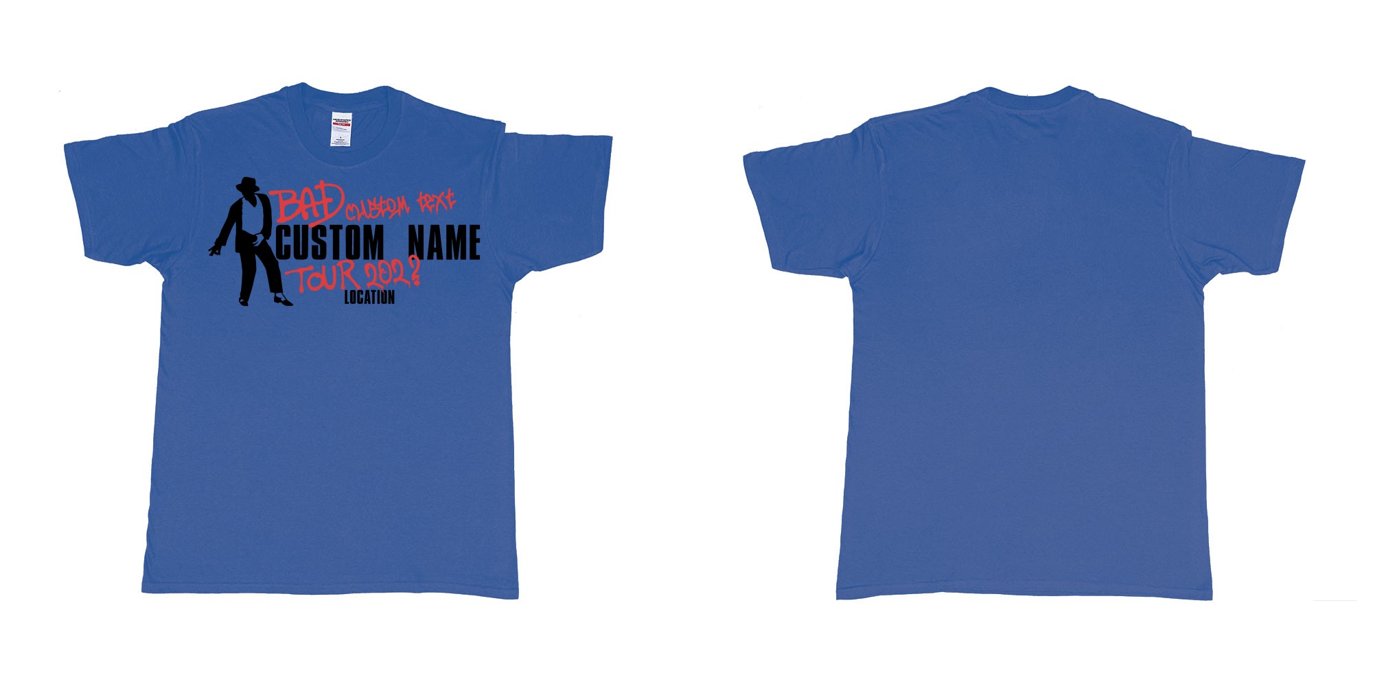 Custom tshirt design michael jackson bad tour custom name year location in fabric color royal-blue choice your own text made in Bali by The Pirate Way