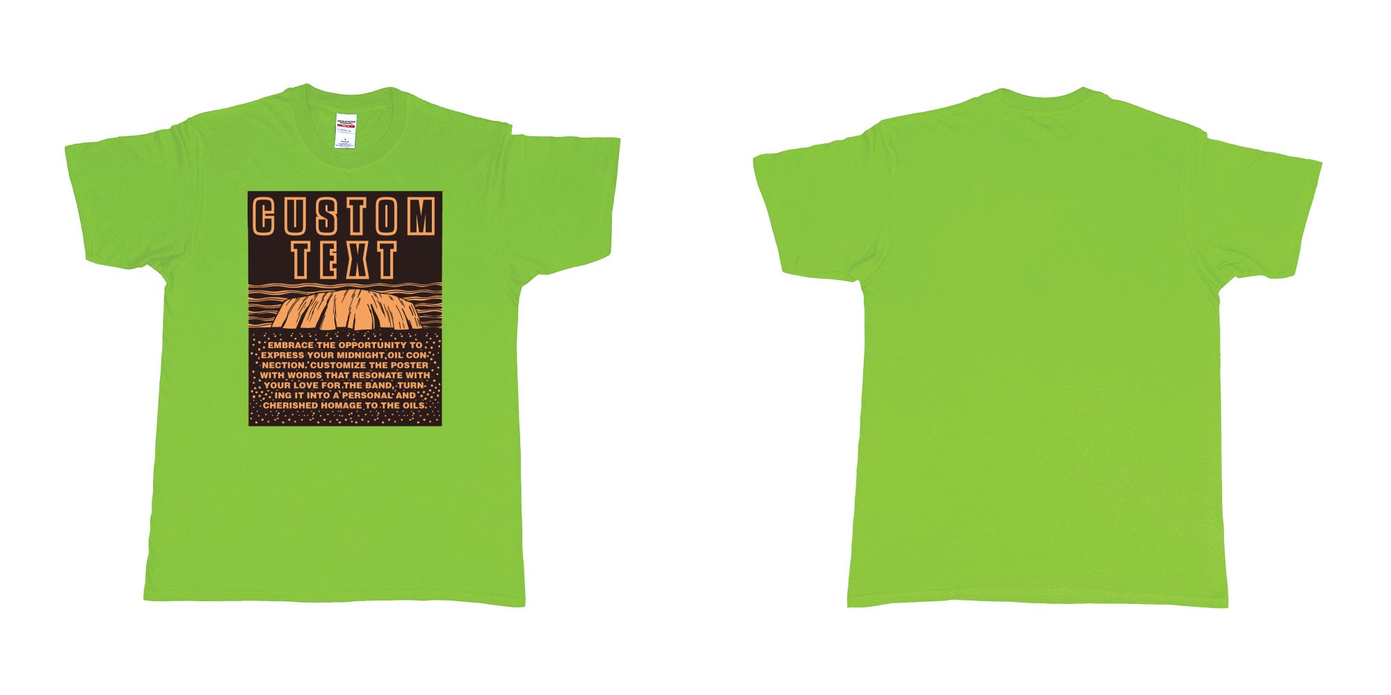 Custom tshirt design midnight oil poster the dead heart ayers rock in fabric color lime choice your own text made in Bali by The Pirate Way