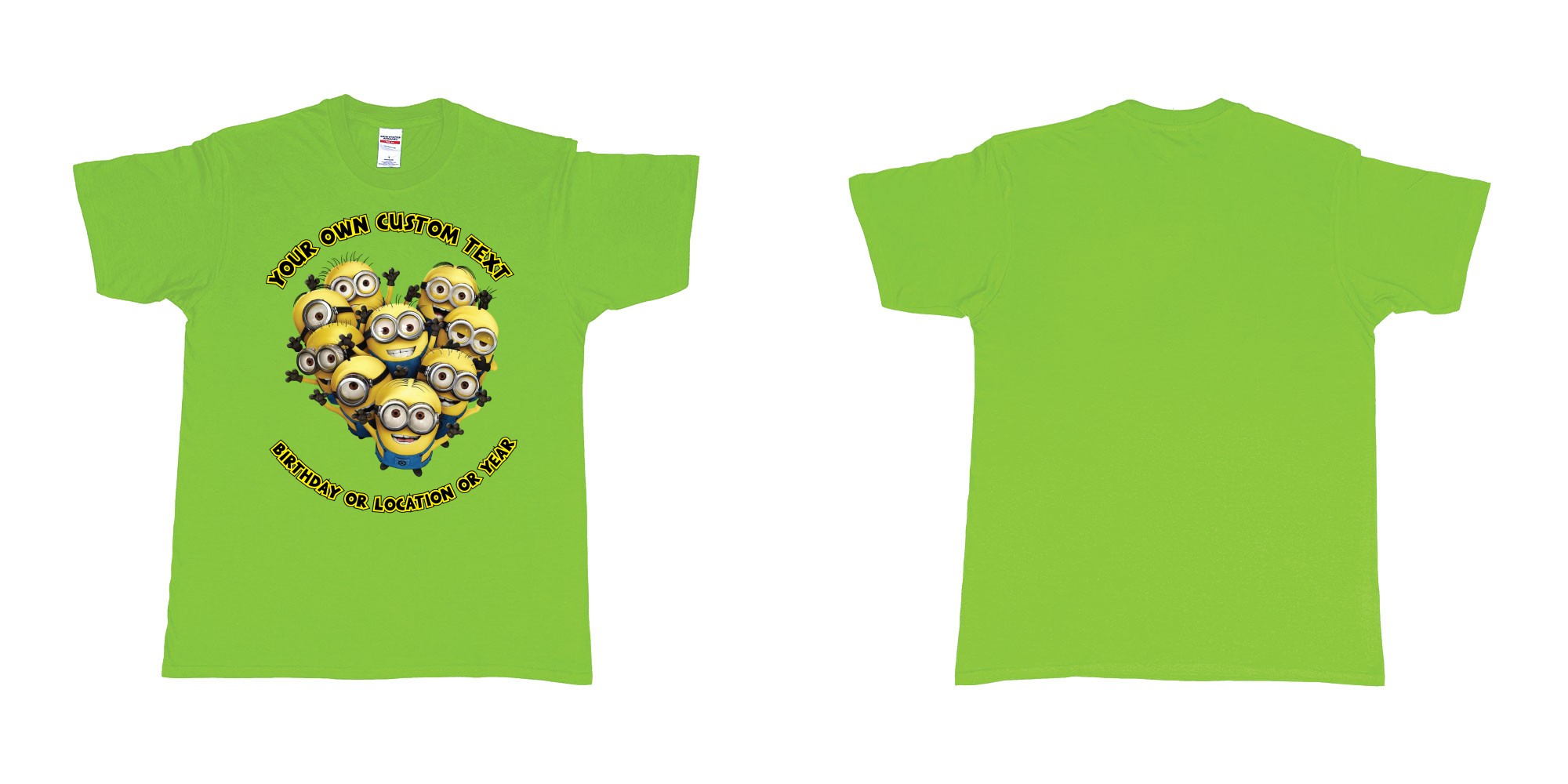 Custom tshirt design minions celebrating you in fabric color lime choice your own text made in Bali by The Pirate Way