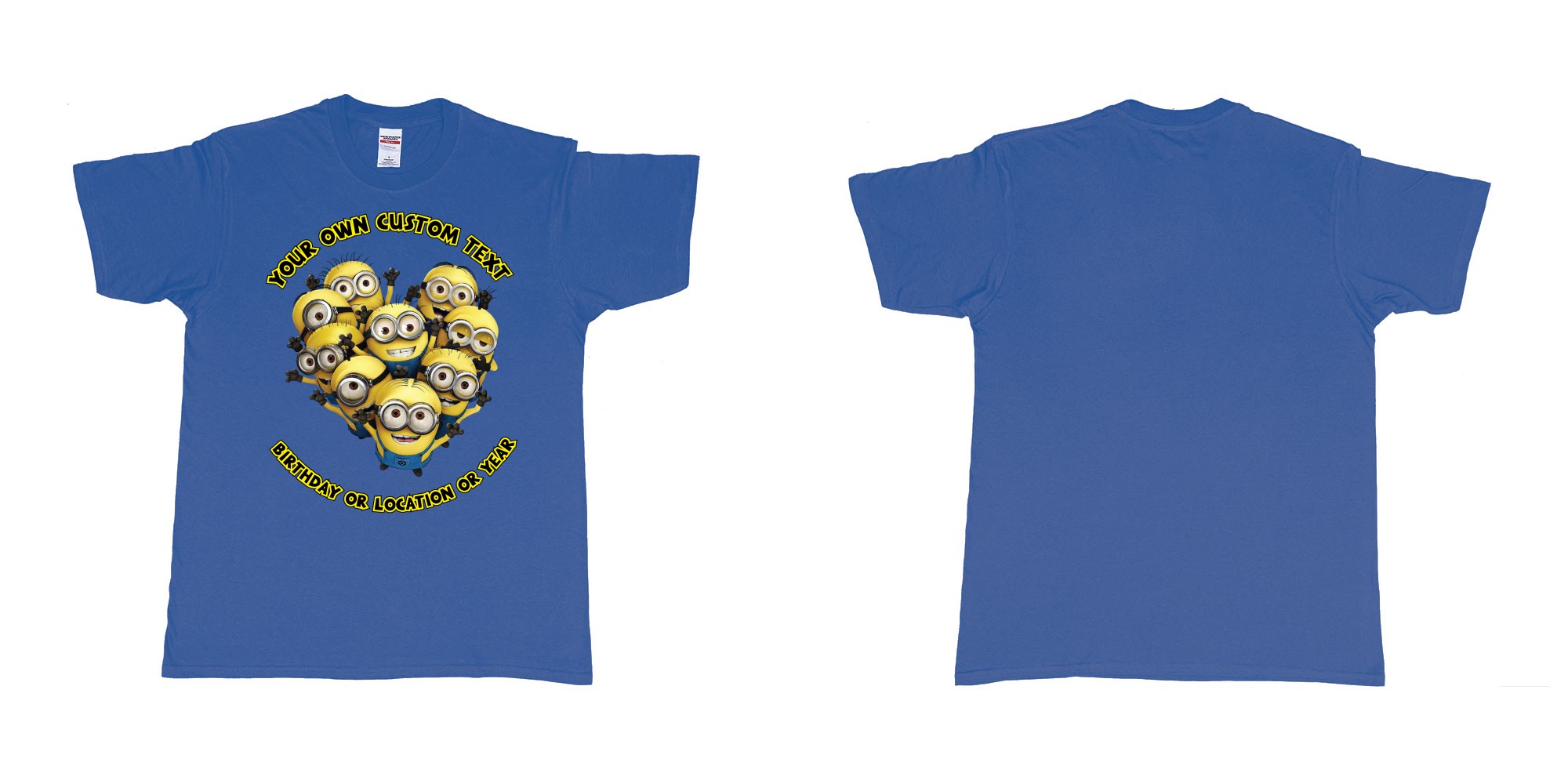 Custom tshirt design minions celebrating you in fabric color royal-blue choice your own text made in Bali by The Pirate Way