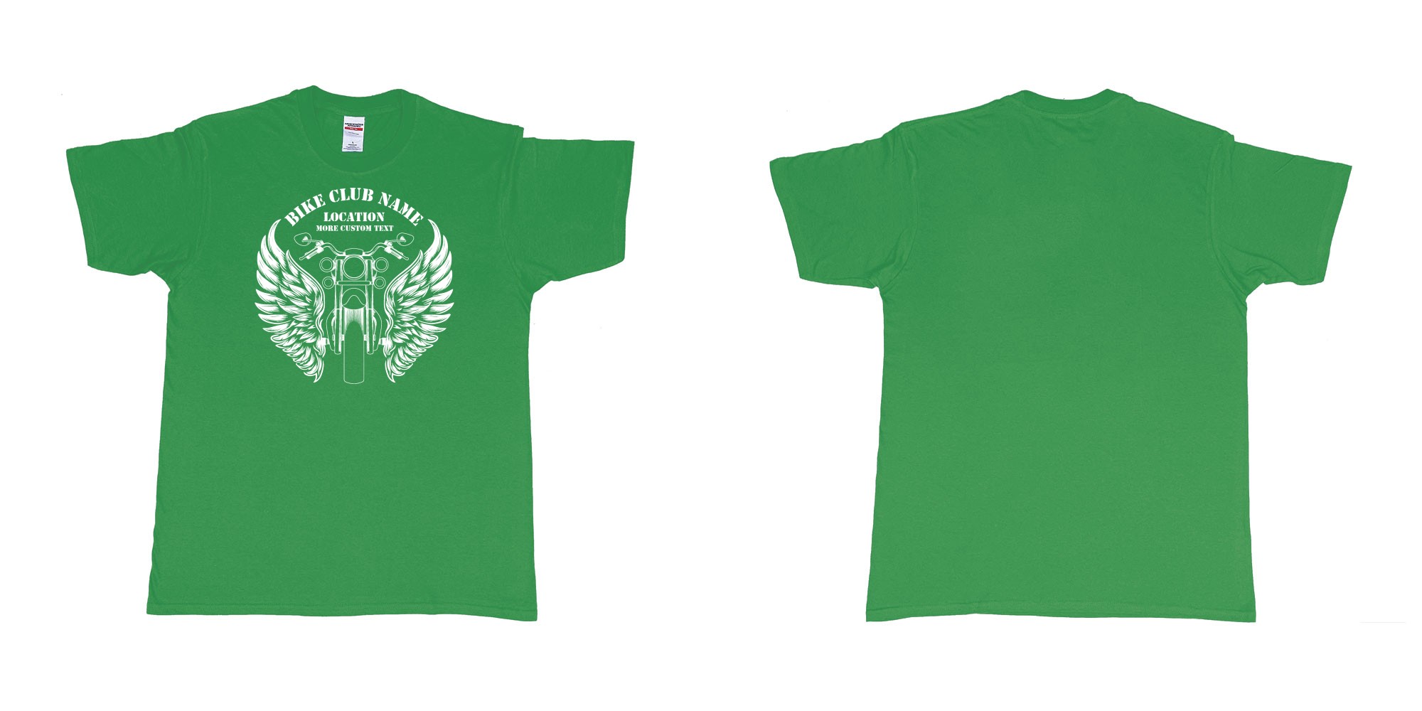Custom tshirt design motor bike wings custom club design in fabric color irish-green choice your own text made in Bali by The Pirate Way
