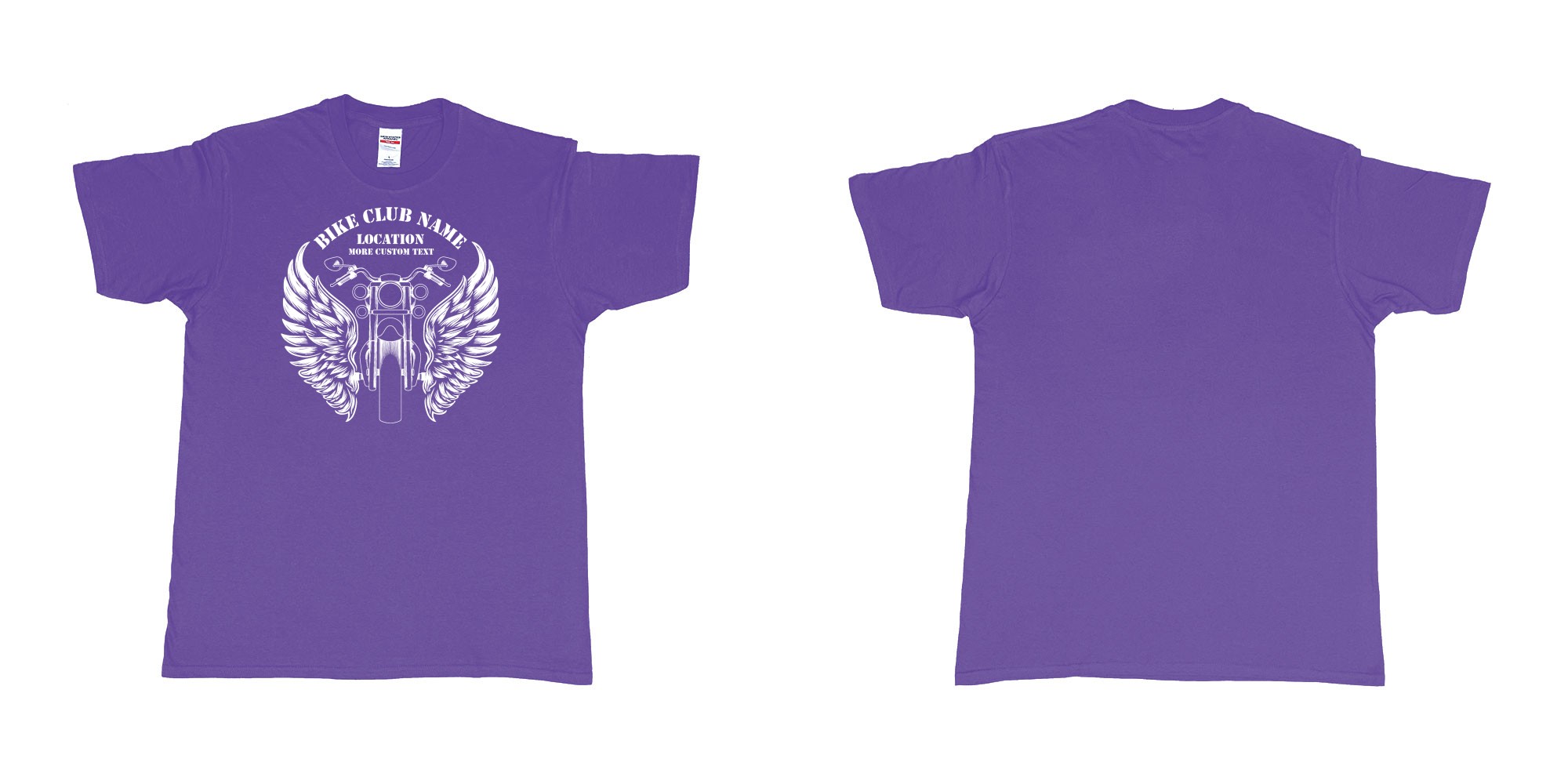Custom tshirt design motor bike wings custom club design in fabric color purple choice your own text made in Bali by The Pirate Way