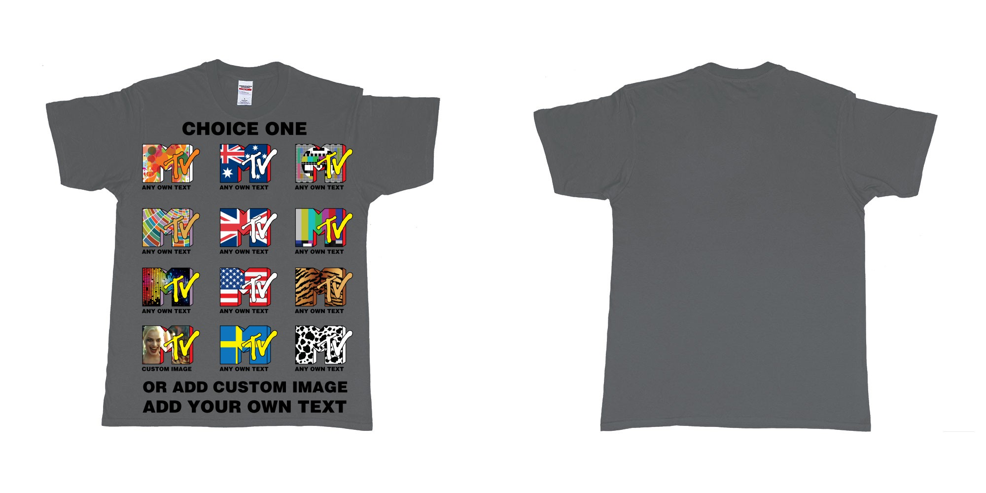 Custom tshirt design mtv logo choice any background text print in fabric color charcoal choice your own text made in Bali by The Pirate Way