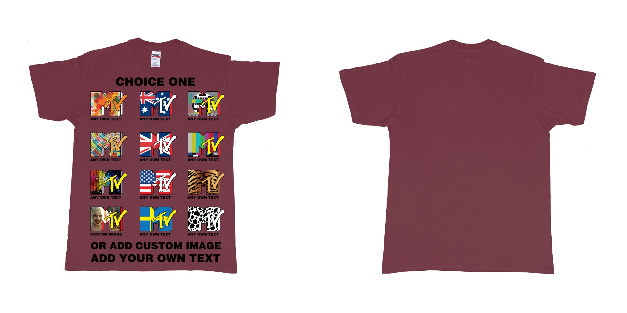 Custom tshirt design mtv logo choice any background text print in fabric color marron choice your own text made in Bali by The Pirate Way