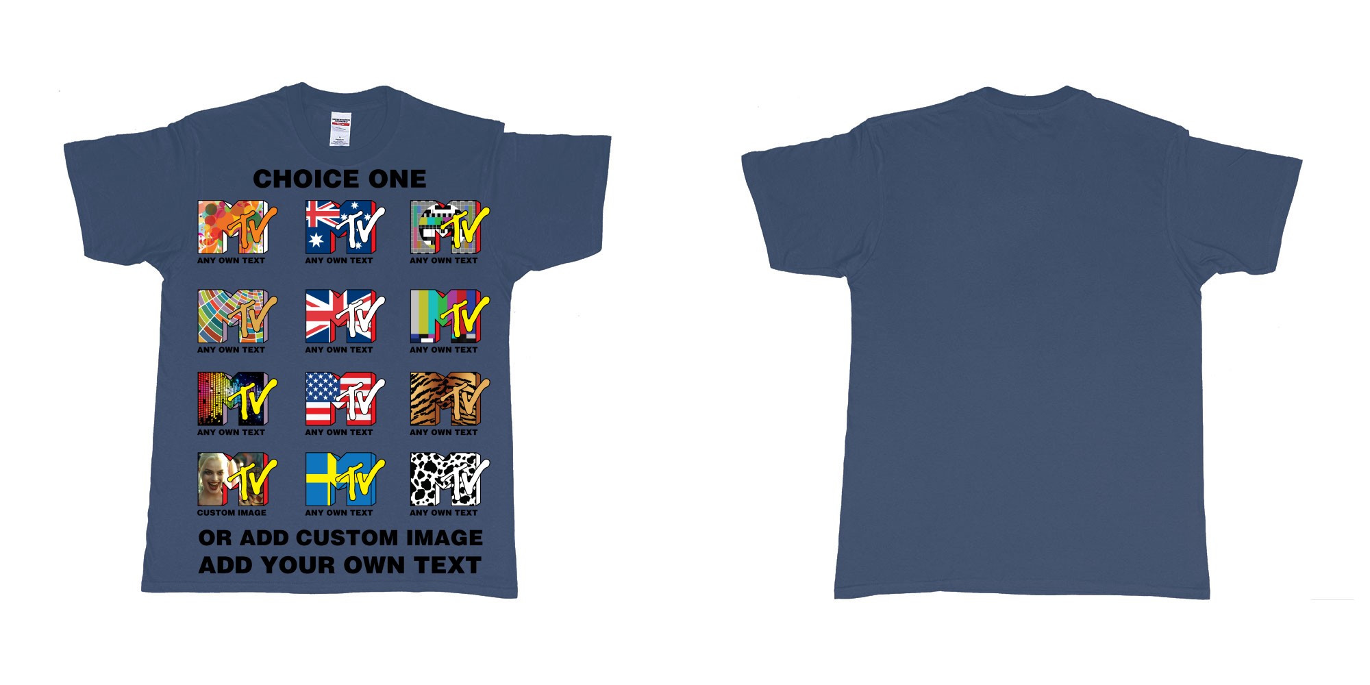 Custom tshirt design mtv logo choice any background text print in fabric color navy choice your own text made in Bali by The Pirate Way