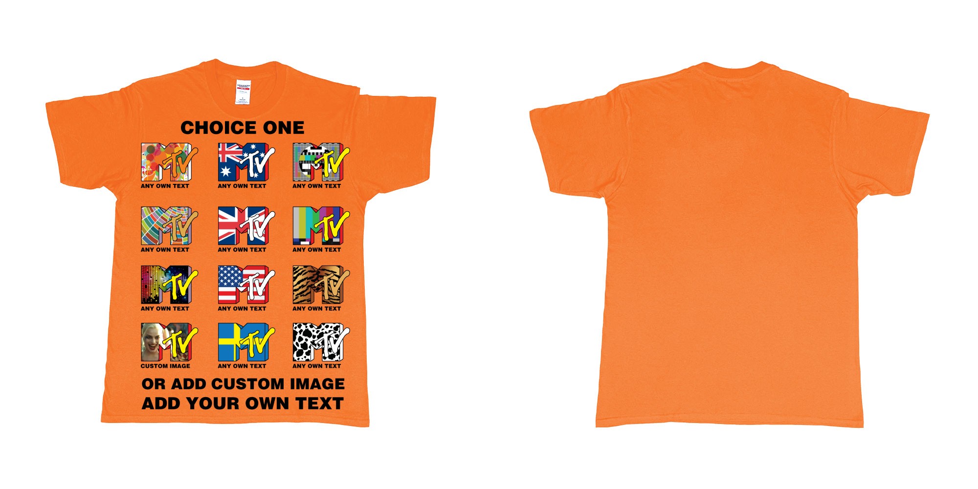 Custom tshirt design mtv logo choice any background text print in fabric color orange choice your own text made in Bali by The Pirate Way