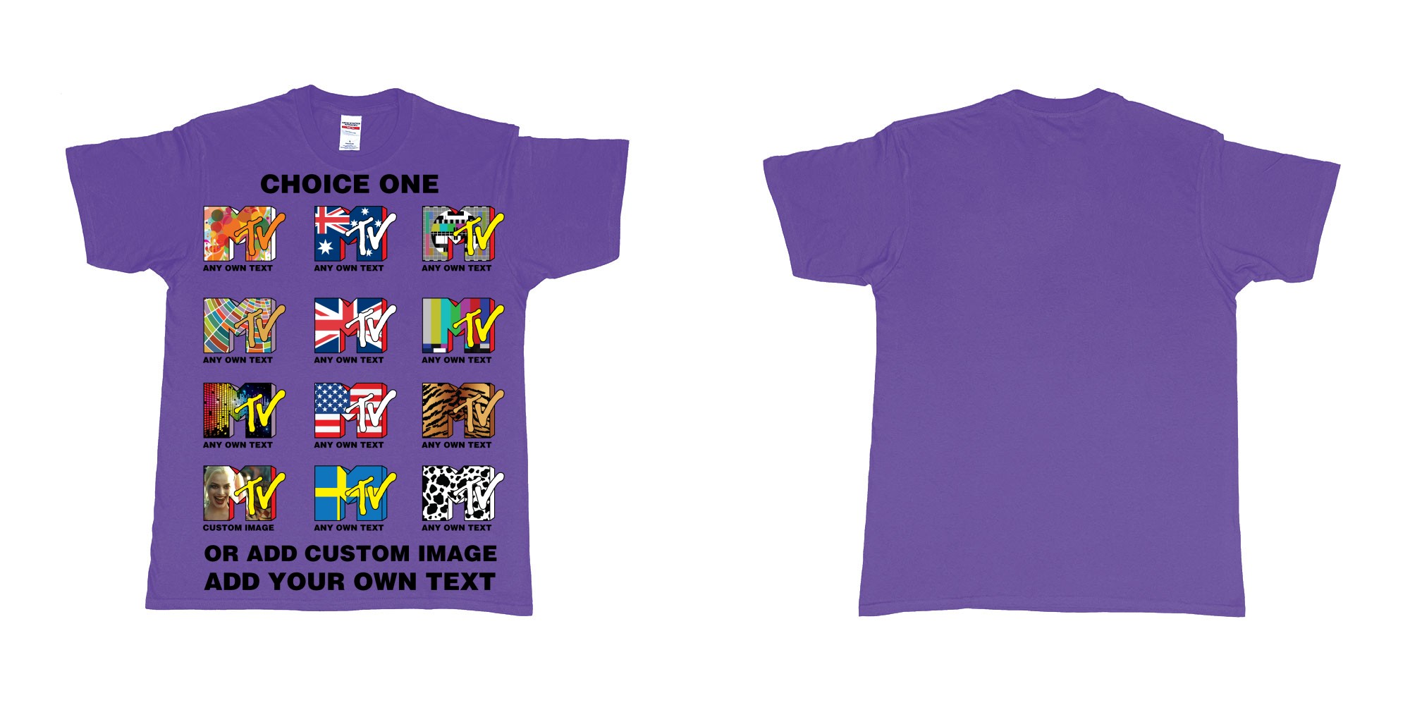 Custom tshirt design mtv logo choice any background text print in fabric color purple choice your own text made in Bali by The Pirate Way