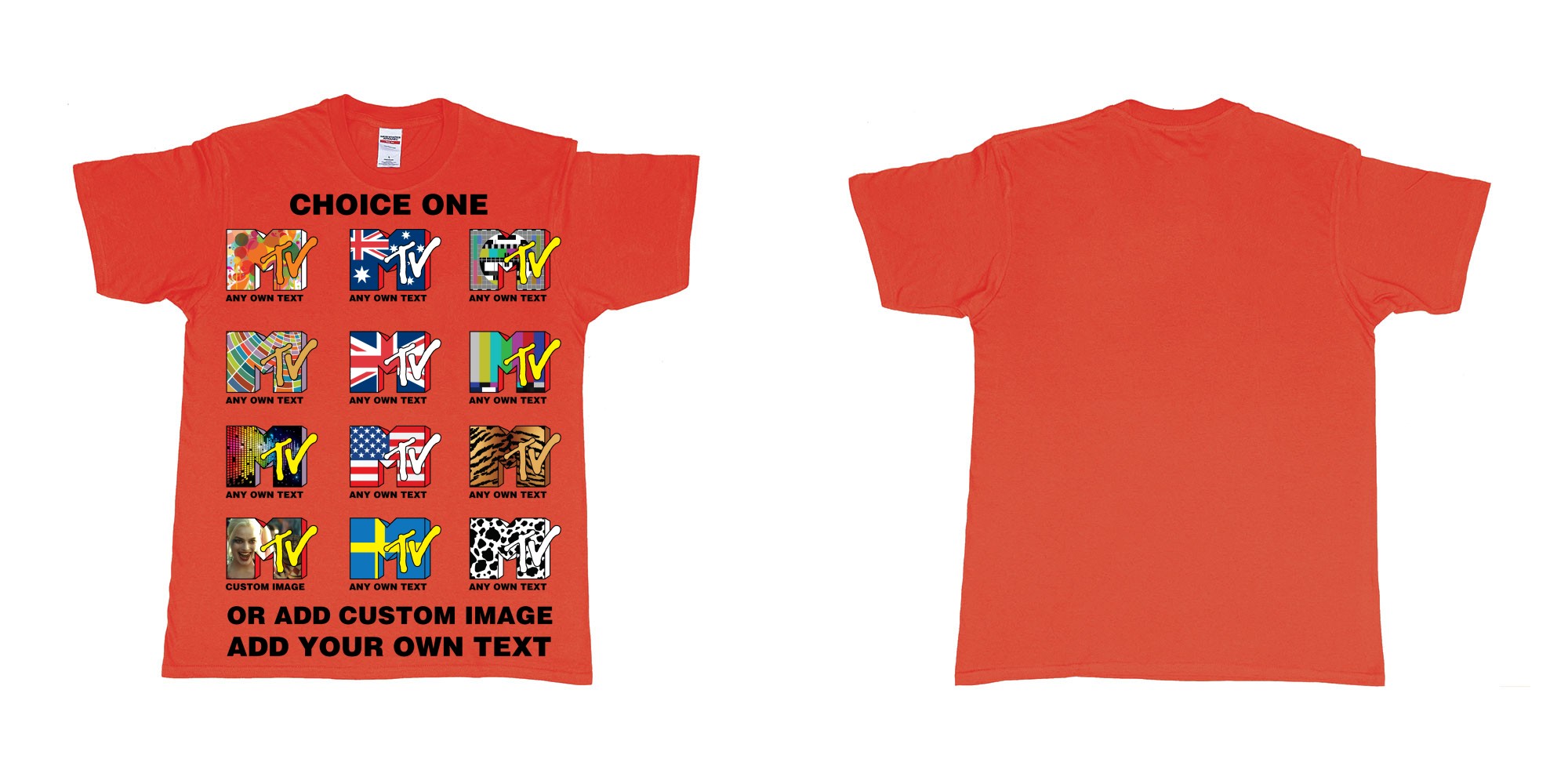 Custom tshirt design mtv logo choice any background text print in fabric color red choice your own text made in Bali by The Pirate Way