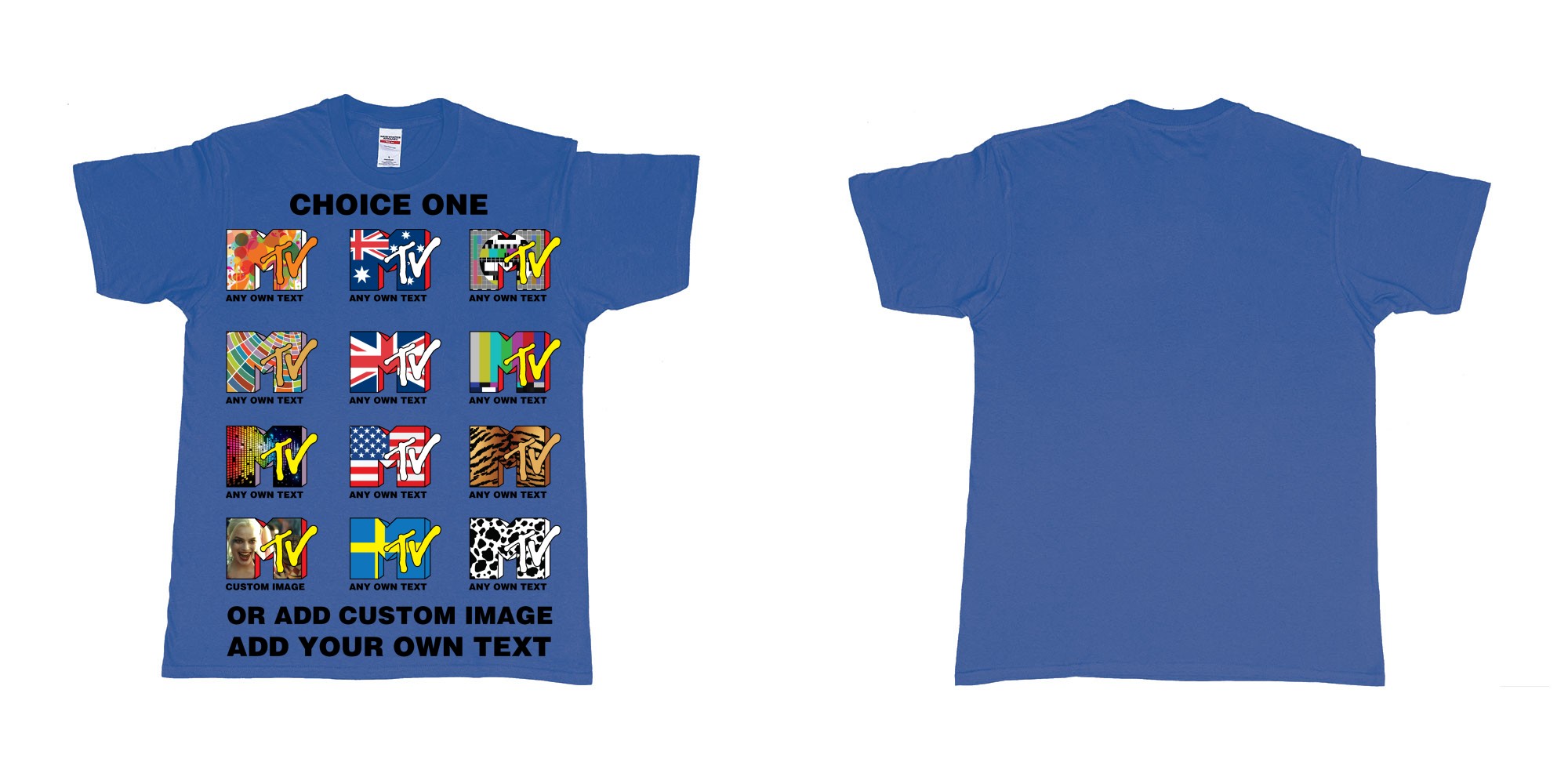 Custom tshirt design mtv logo choice any background text print in fabric color royal-blue choice your own text made in Bali by The Pirate Way