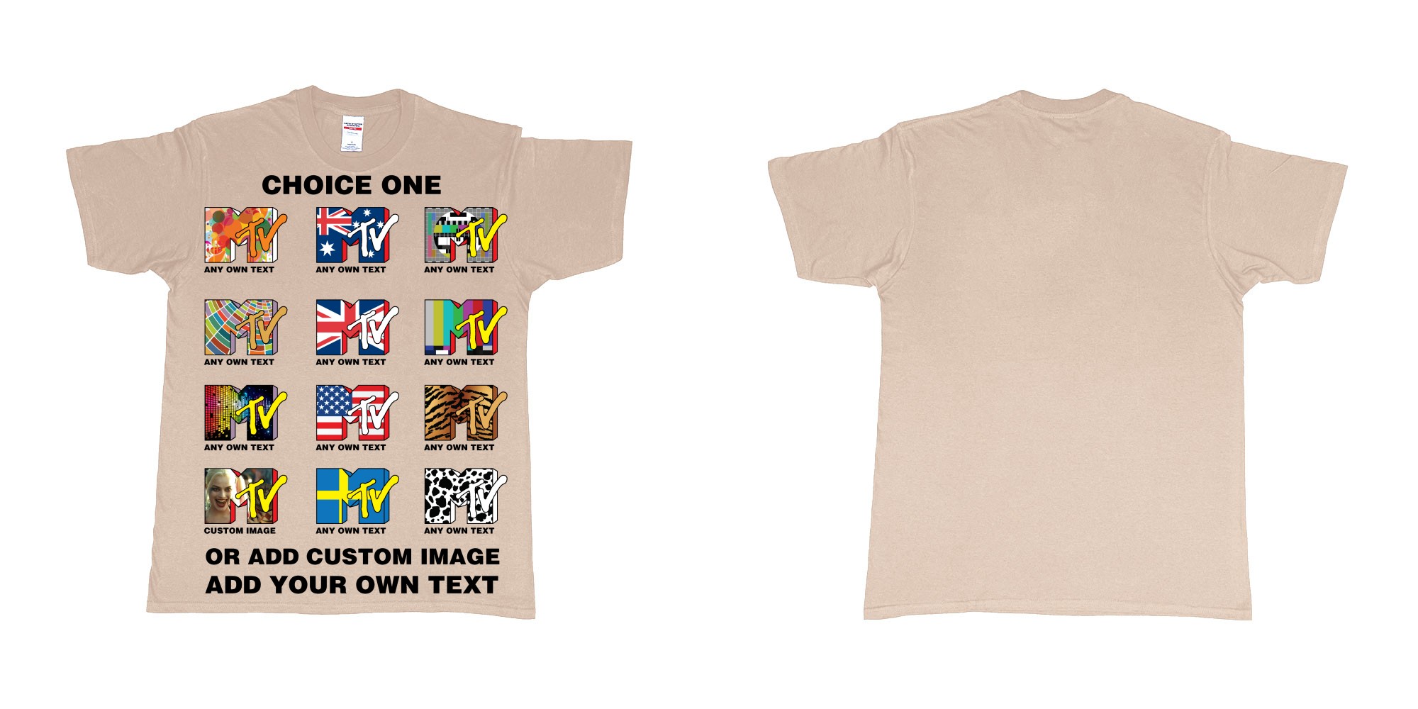 Custom tshirt design mtv logo choice any background text print in fabric color sand choice your own text made in Bali by The Pirate Way