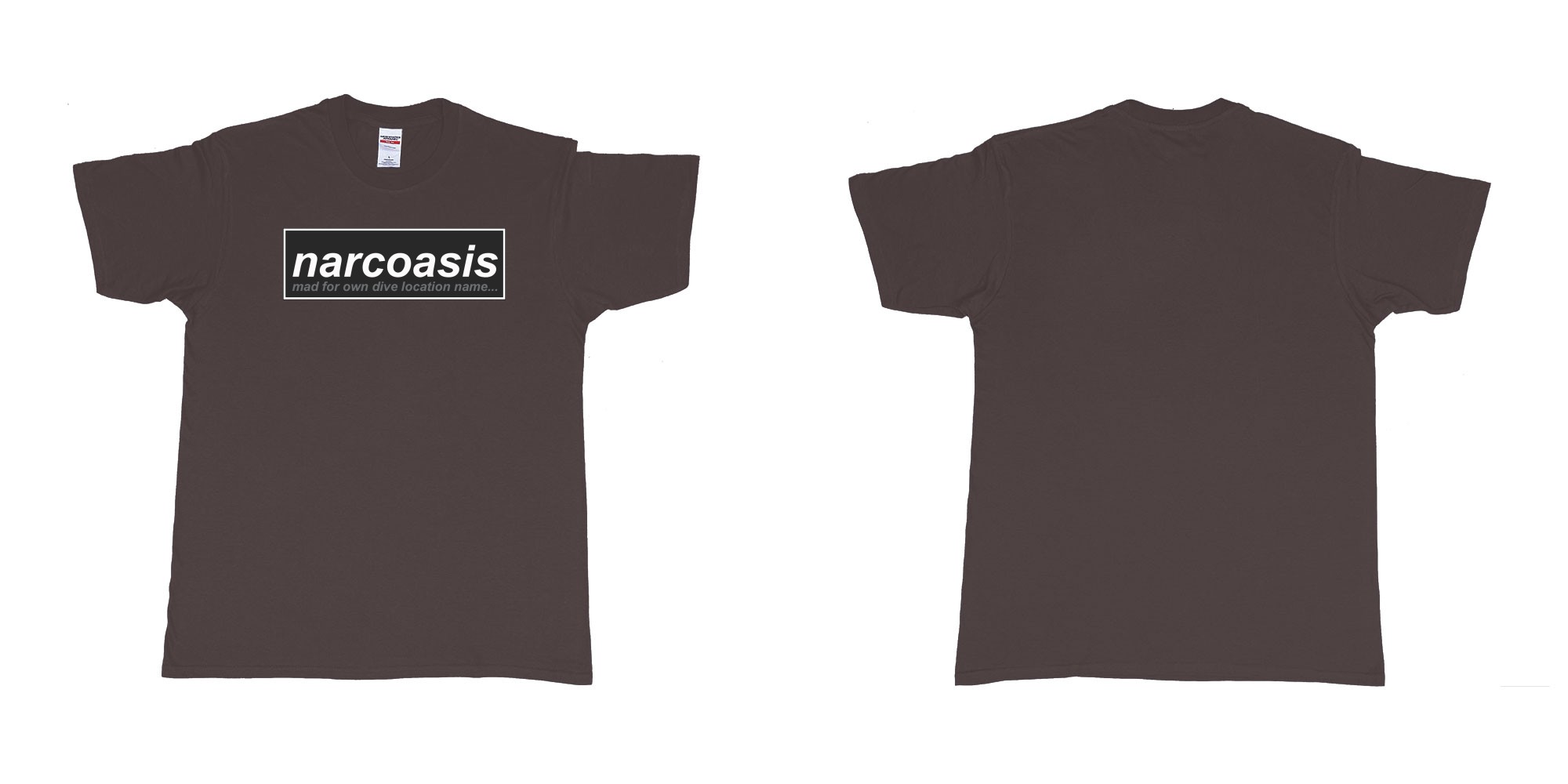 Custom tshirt design narcoasis mad for own dive location name in fabric color dark-chocolate choice your own text made in Bali by The Pirate Way