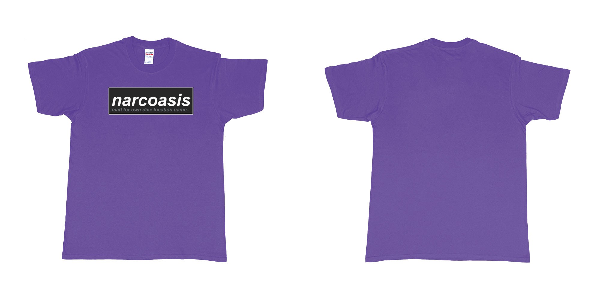 Custom tshirt design narcoasis mad for own dive location name in fabric color purple choice your own text made in Bali by The Pirate Way