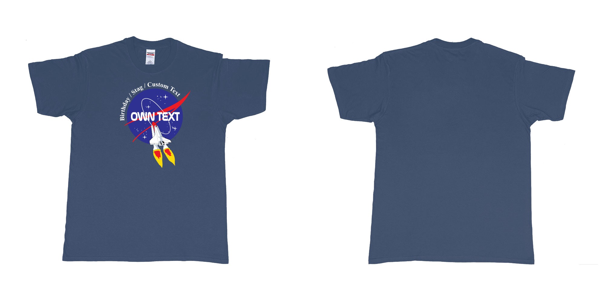 Custom tshirt design nasa logo rocket custom text print in fabric color navy choice your own text made in Bali by The Pirate Way