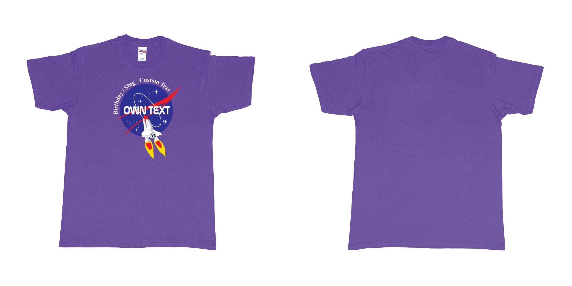 Custom tshirt design nasa logo rocket custom text print in fabric color purple choice your own text made in Bali by The Pirate Way