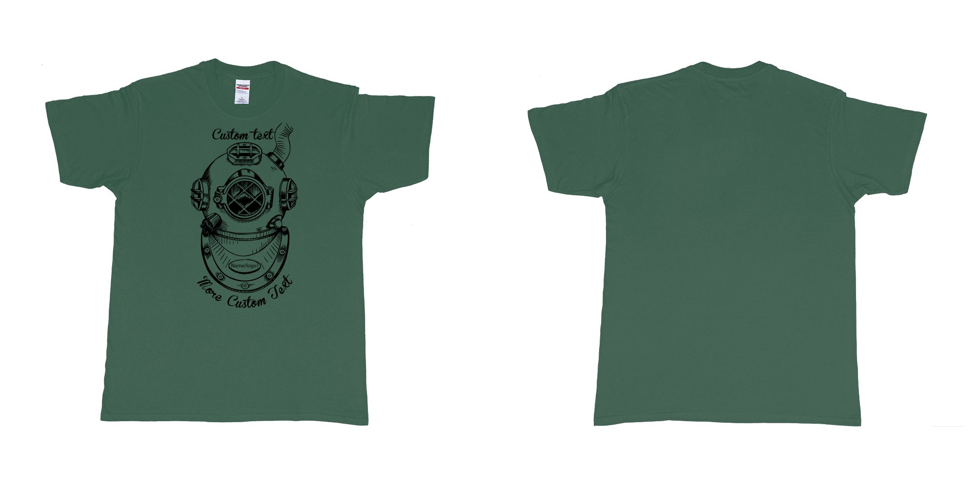 Custom tshirt design old school diving helmet custom own text dtg printing bali in fabric color forest-green choice your own text made in Bali by The Pirate Way
