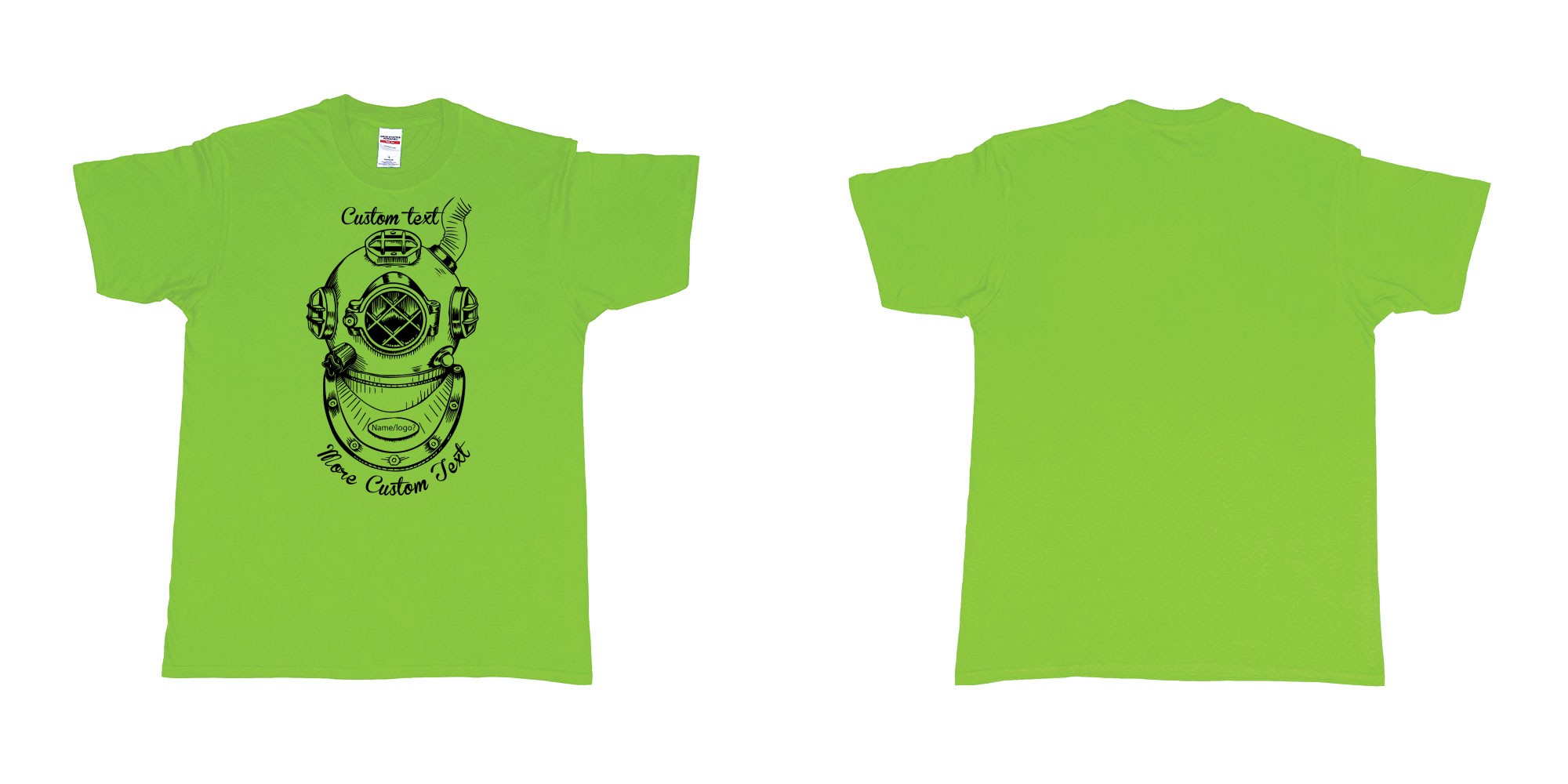 Custom tshirt design old school diving helmet custom own text dtg printing bali in fabric color lime choice your own text made in Bali by The Pirate Way