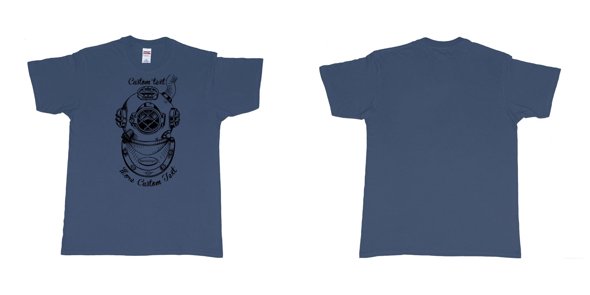 Custom tshirt design old school diving helmet custom own text dtg printing bali in fabric color navy choice your own text made in Bali by The Pirate Way