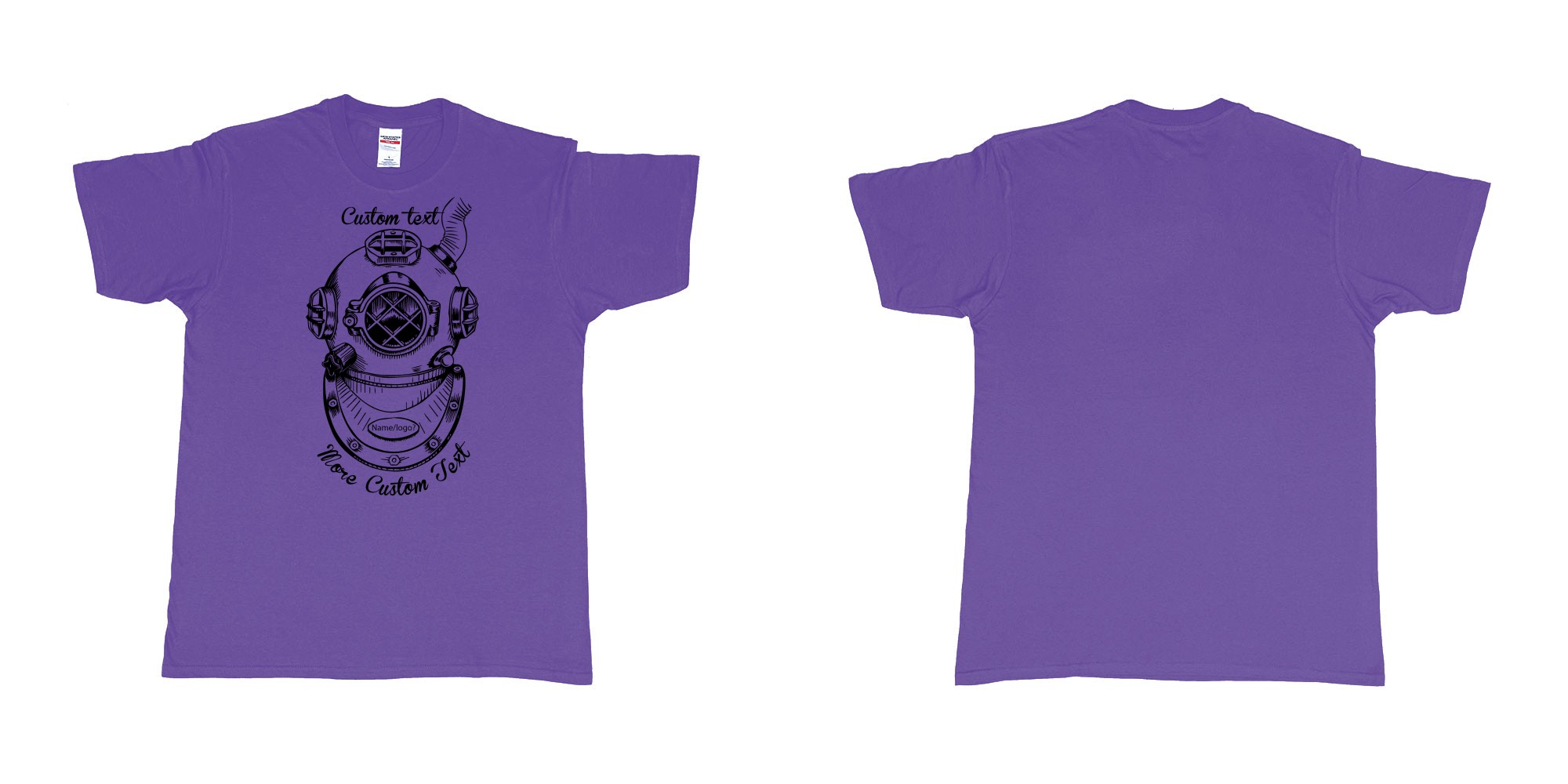 Custom tshirt design old school diving helmet custom own text dtg printing bali in fabric color purple choice your own text made in Bali by The Pirate Way