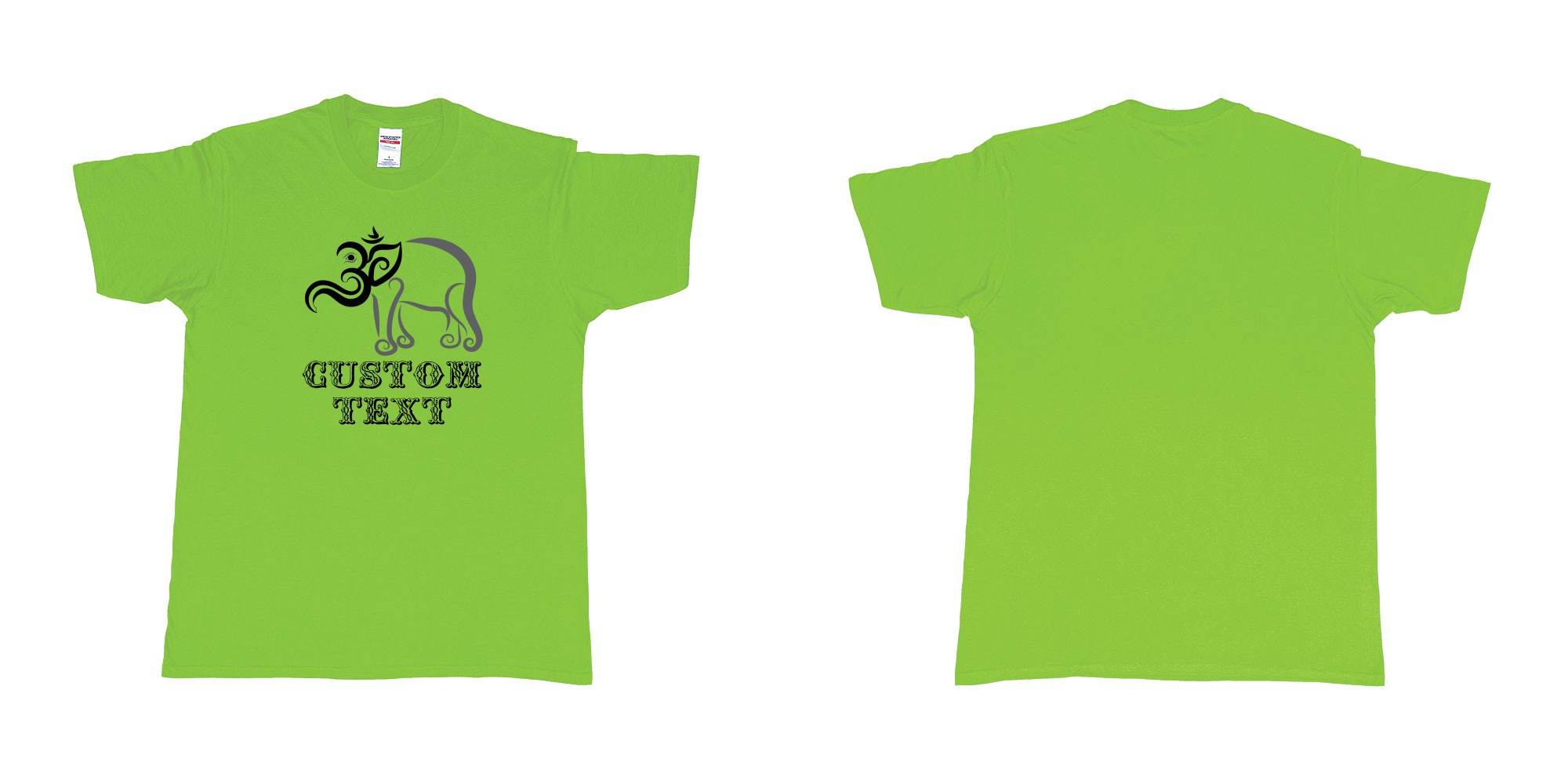 Custom tshirt design om elephant design in fabric color lime choice your own text made in Bali by The Pirate Way