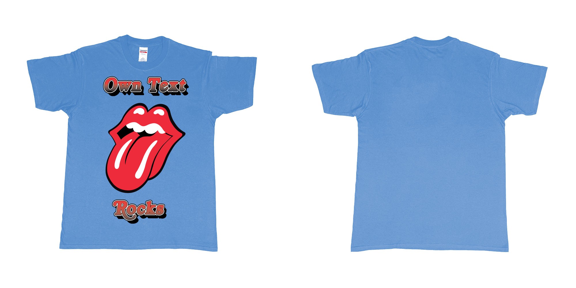 Custom tshirt design own custom text rocks rolling stones logo red tongue and lips print bali in fabric color carolina-blue choice your own text made in Bali by The Pirate Way