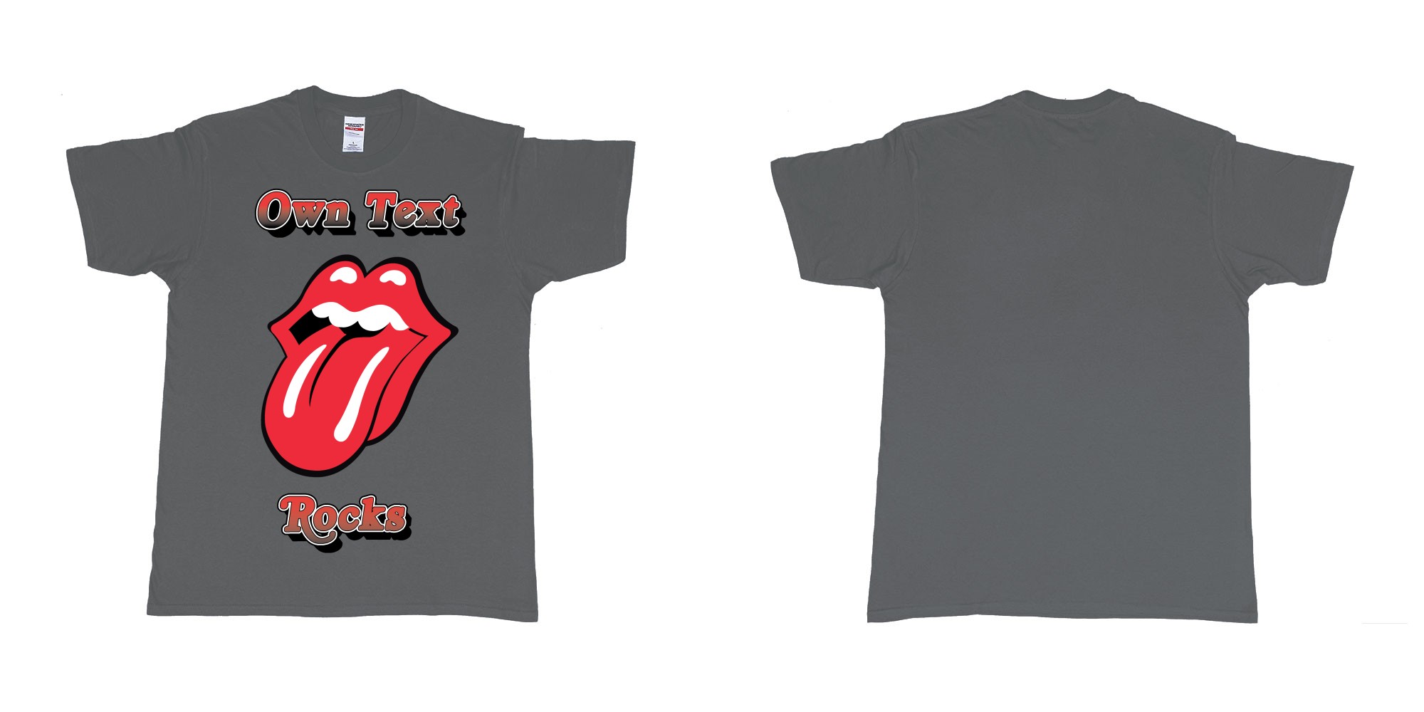Custom tshirt design own custom text rocks rolling stones logo red tongue and lips print bali in fabric color charcoal choice your own text made in Bali by The Pirate Way