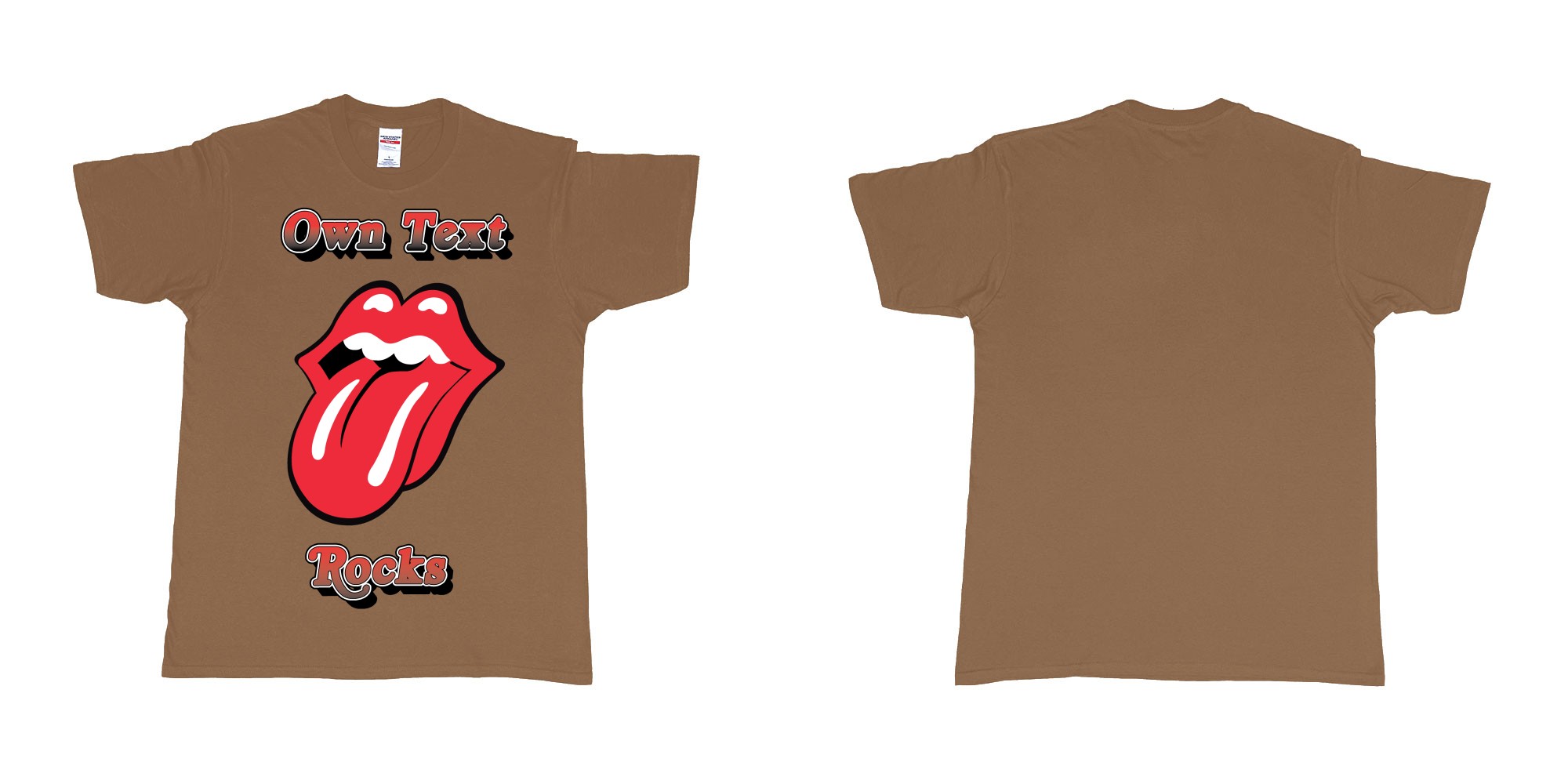 Custom tshirt design own custom text rocks rolling stones logo red tongue and lips print bali in fabric color chestnut choice your own text made in Bali by The Pirate Way