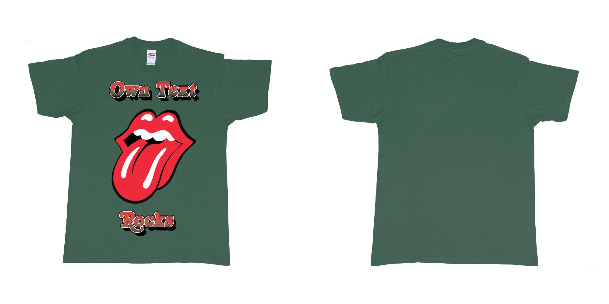 Custom tshirt design own custom text rocks rolling stones logo red tongue and lips print bali in fabric color forest-green choice your own text made in Bali by The Pirate Way