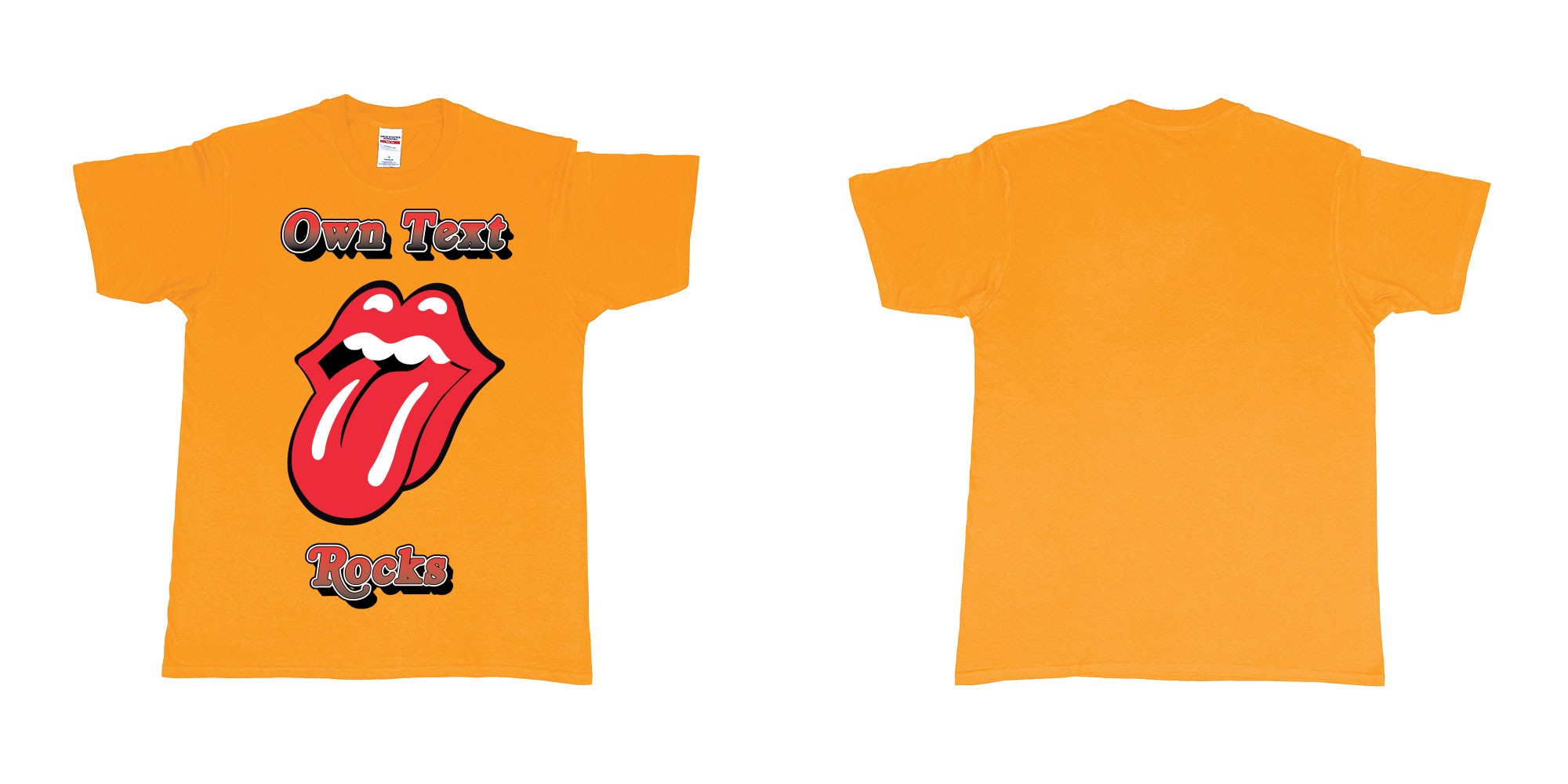 Custom tshirt design own custom text rocks rolling stones logo red tongue and lips print bali in fabric color gold choice your own text made in Bali by The Pirate Way