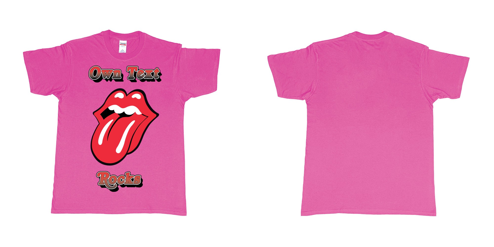 Custom tshirt design own custom text rocks rolling stones logo red tongue and lips print bali in fabric color heliconia choice your own text made in Bali by The Pirate Way