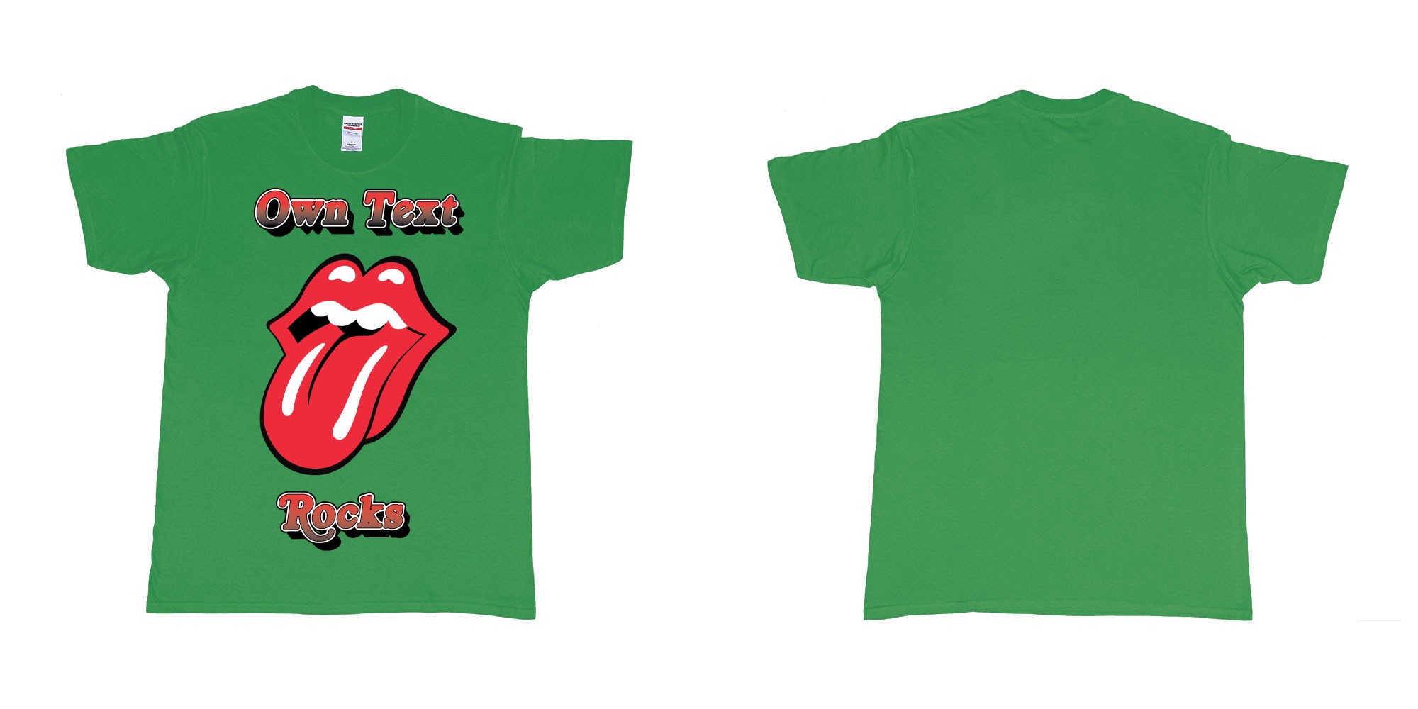Custom tshirt design own custom text rocks rolling stones logo red tongue and lips print bali in fabric color irish-green choice your own text made in Bali by The Pirate Way