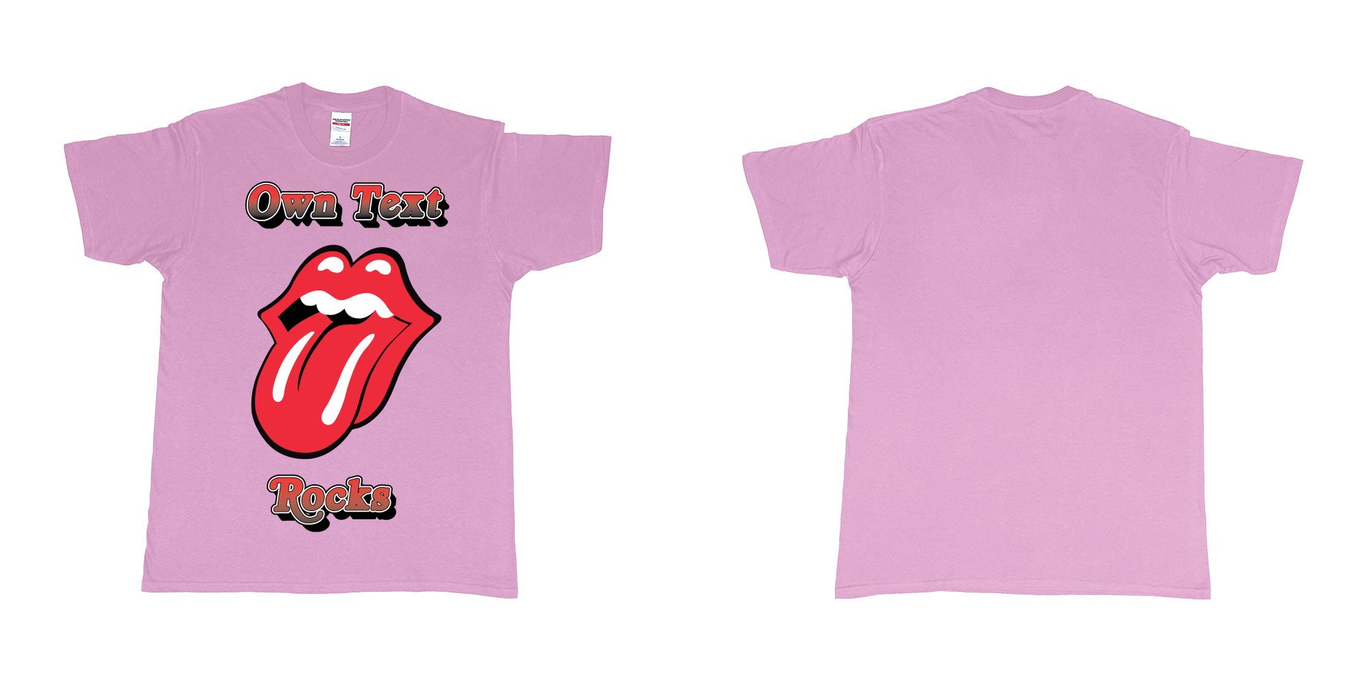 Custom tshirt design own custom text rocks rolling stones logo red tongue and lips print bali in fabric color light-pink choice your own text made in Bali by The Pirate Way