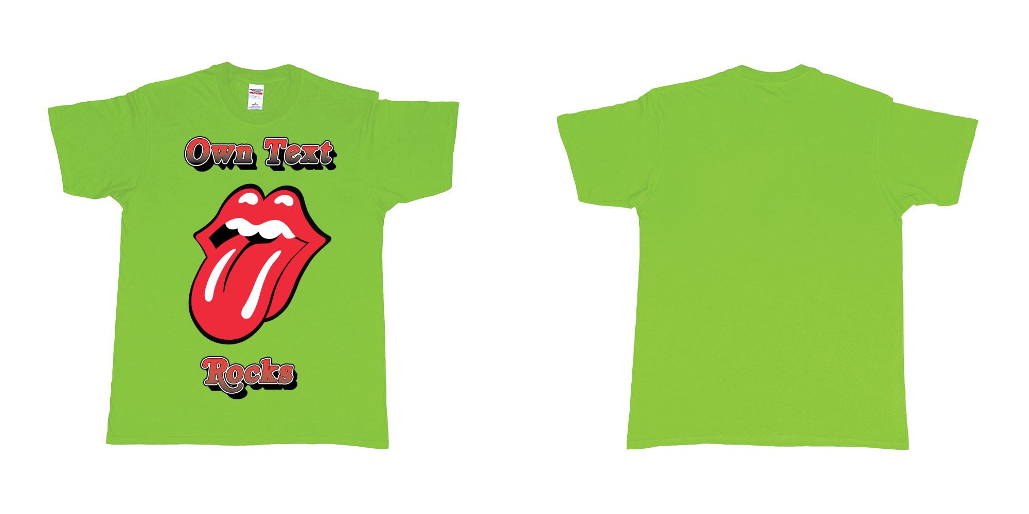 Custom tshirt design own custom text rocks rolling stones logo red tongue and lips print bali in fabric color lime choice your own text made in Bali by The Pirate Way