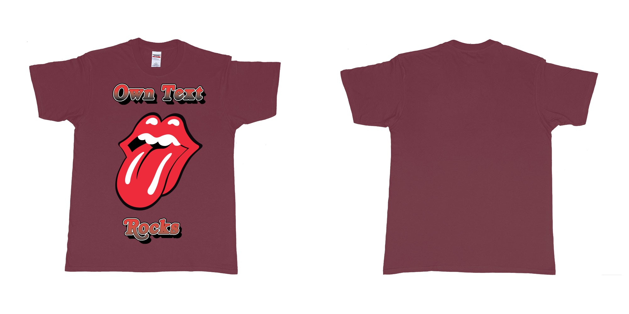 Custom tshirt design own custom text rocks rolling stones logo red tongue and lips print bali in fabric color marron choice your own text made in Bali by The Pirate Way