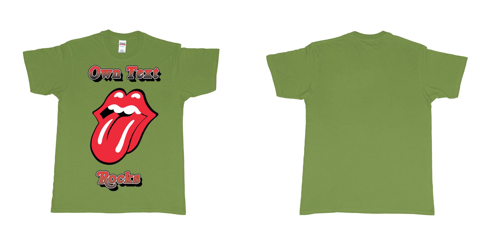 Custom tshirt design own custom text rocks rolling stones logo red tongue and lips print bali in fabric color military-green choice your own text made in Bali by The Pirate Way