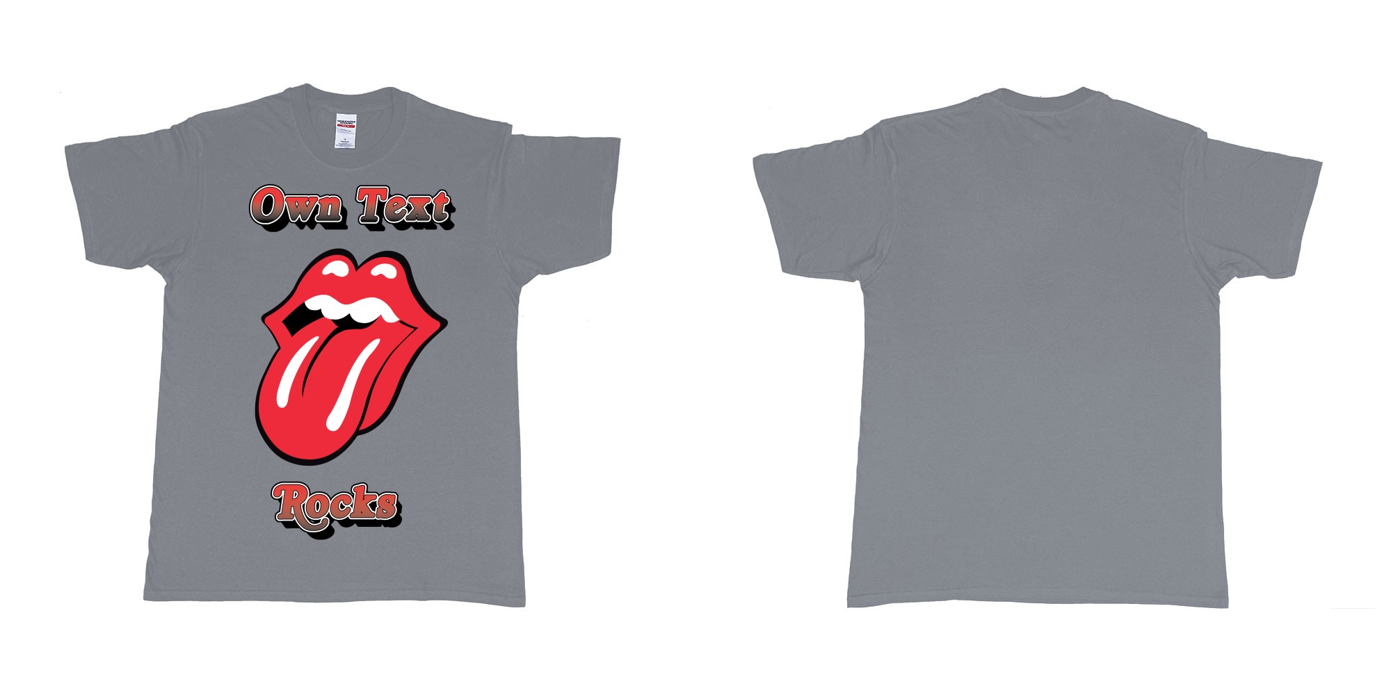 Custom tshirt design own custom text rocks rolling stones logo red tongue and lips print bali in fabric color misty choice your own text made in Bali by The Pirate Way