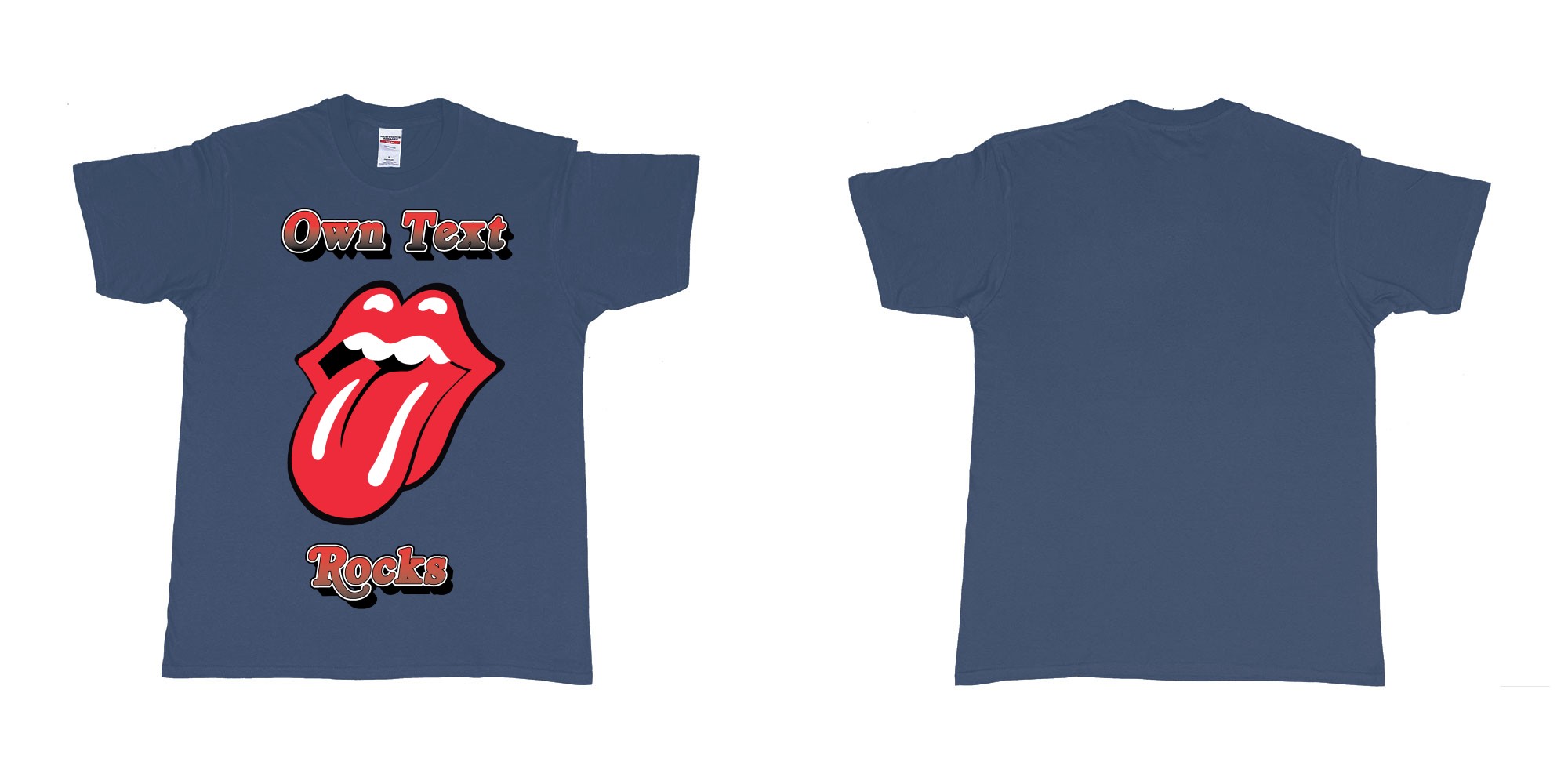 Custom tshirt design own custom text rocks rolling stones logo red tongue and lips print bali in fabric color navy choice your own text made in Bali by The Pirate Way