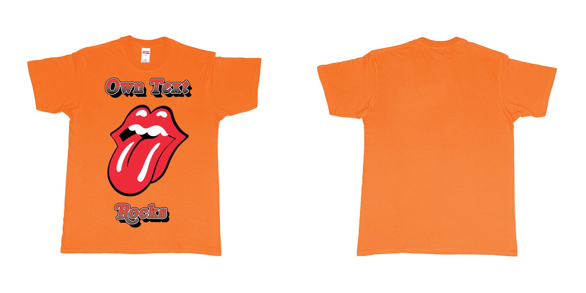 Custom tshirt design own custom text rocks rolling stones logo red tongue and lips print bali in fabric color orange choice your own text made in Bali by The Pirate Way