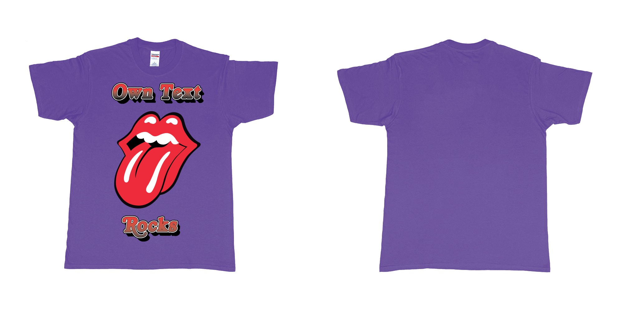 Custom tshirt design own custom text rocks rolling stones logo red tongue and lips print bali in fabric color purple choice your own text made in Bali by The Pirate Way