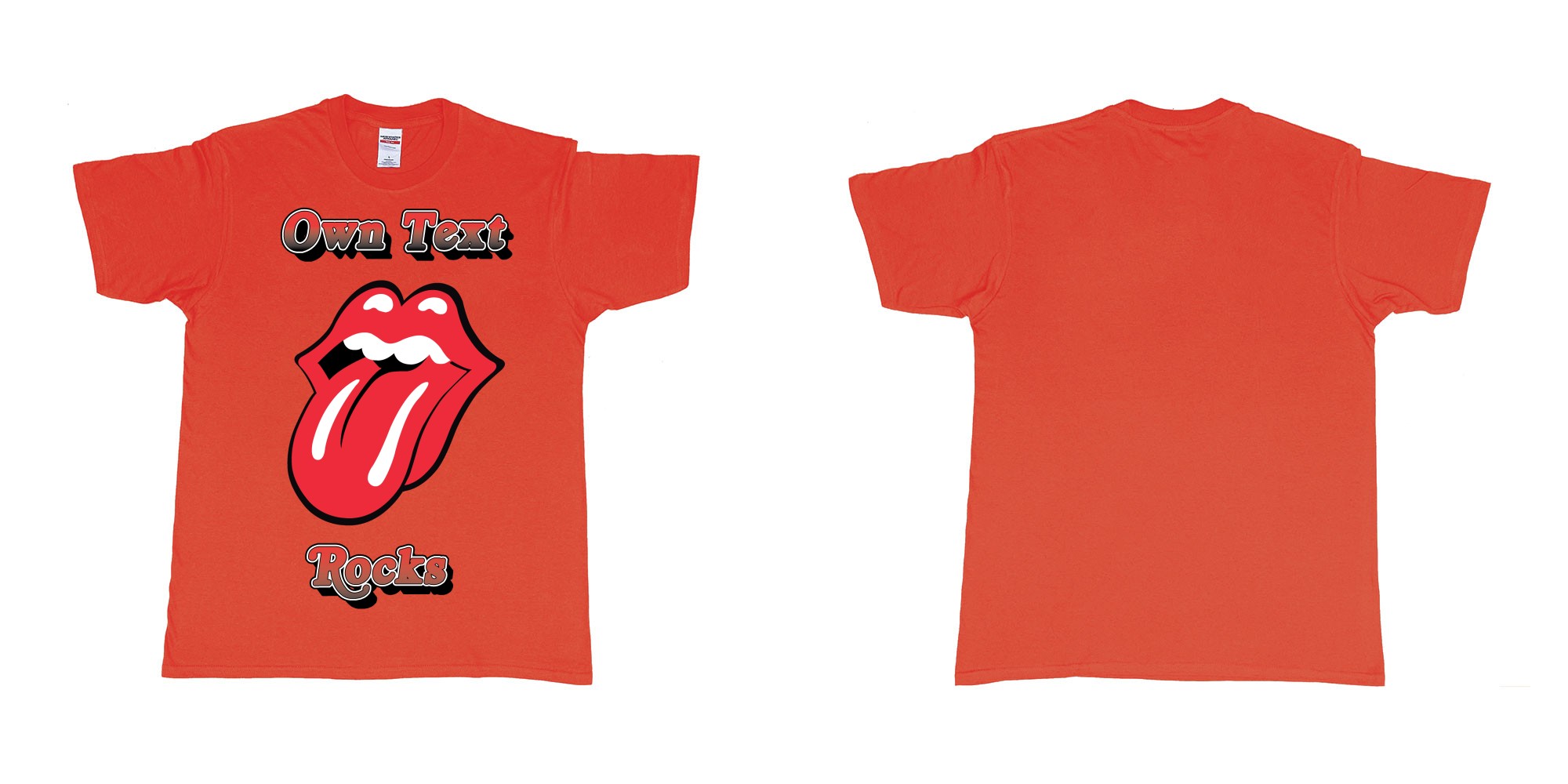 Custom tshirt design own custom text rocks rolling stones logo red tongue and lips print bali in fabric color red choice your own text made in Bali by The Pirate Way