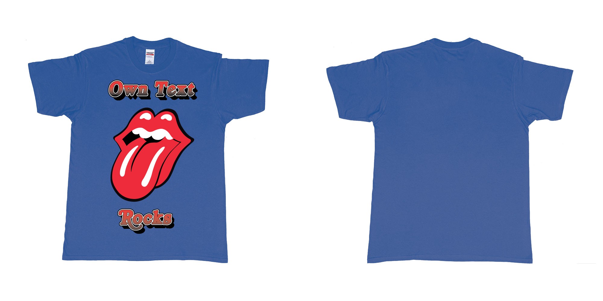 Custom tshirt design own custom text rocks rolling stones logo red tongue and lips print bali in fabric color royal-blue choice your own text made in Bali by The Pirate Way