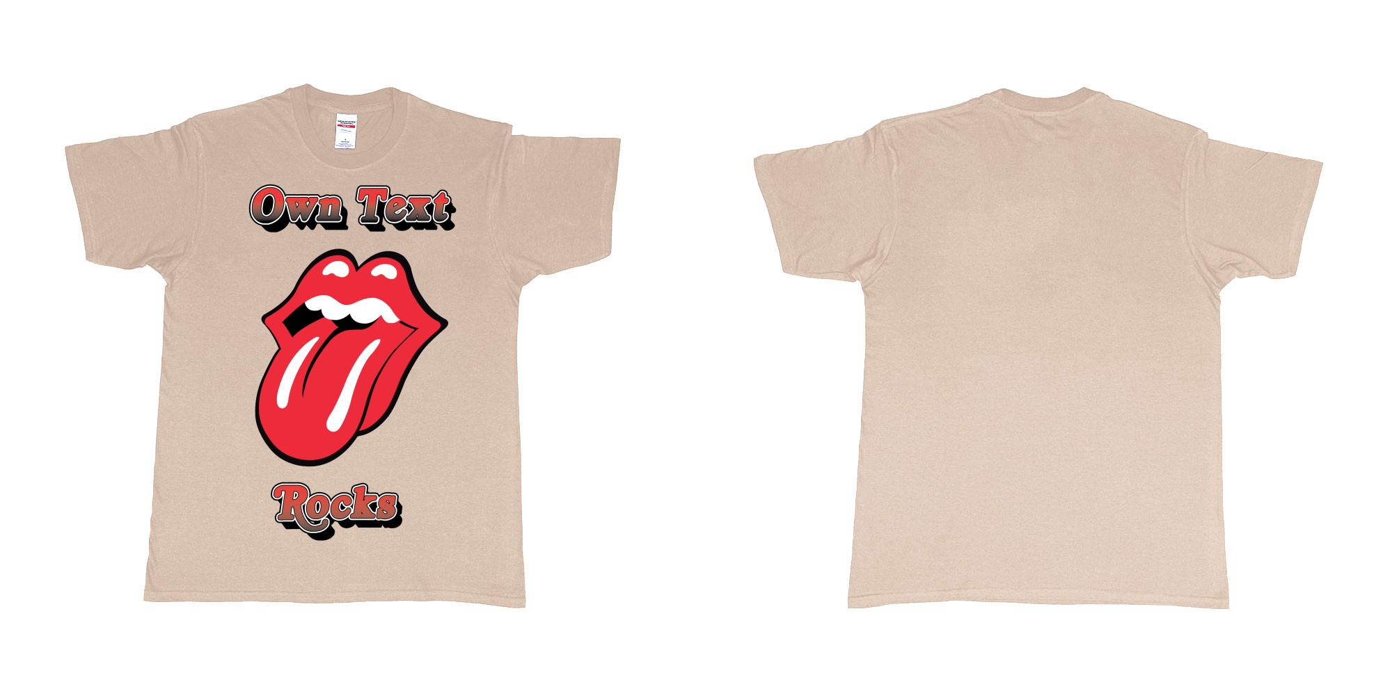 Custom tshirt design own custom text rocks rolling stones logo red tongue and lips print bali in fabric color sand choice your own text made in Bali by The Pirate Way