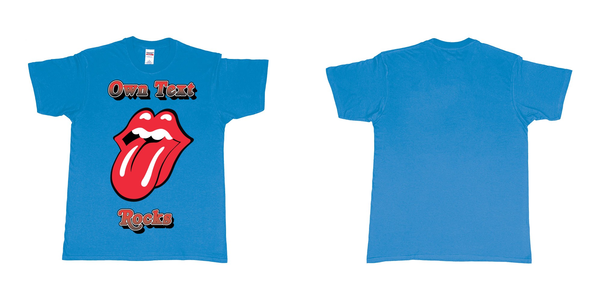 Custom tshirt design own custom text rocks rolling stones logo red tongue and lips print bali in fabric color sapphire choice your own text made in Bali by The Pirate Way