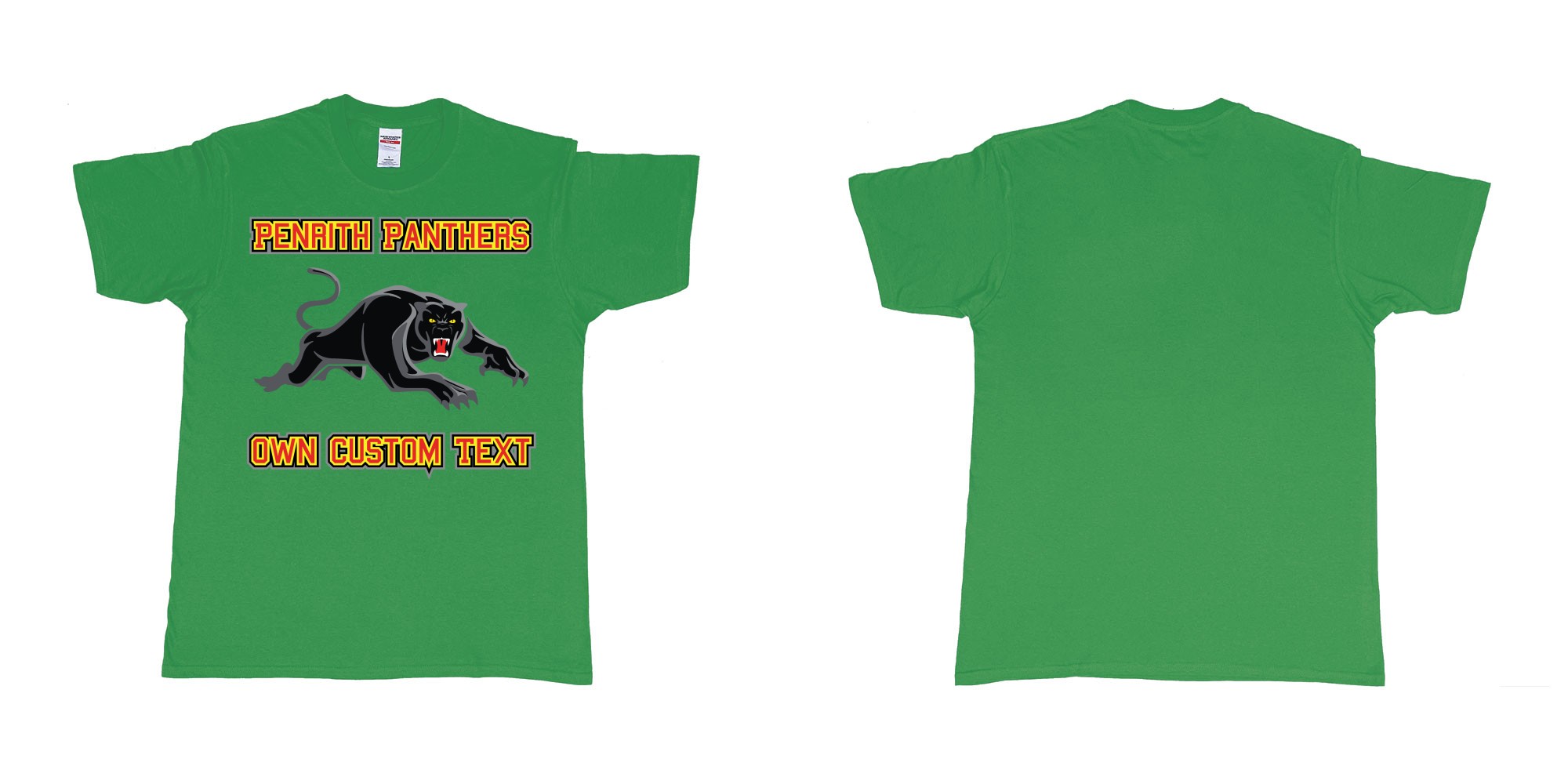 Custom tshirt design penrith panthers logo on demand custom printing in fabric color irish-green choice your own text made in Bali by The Pirate Way