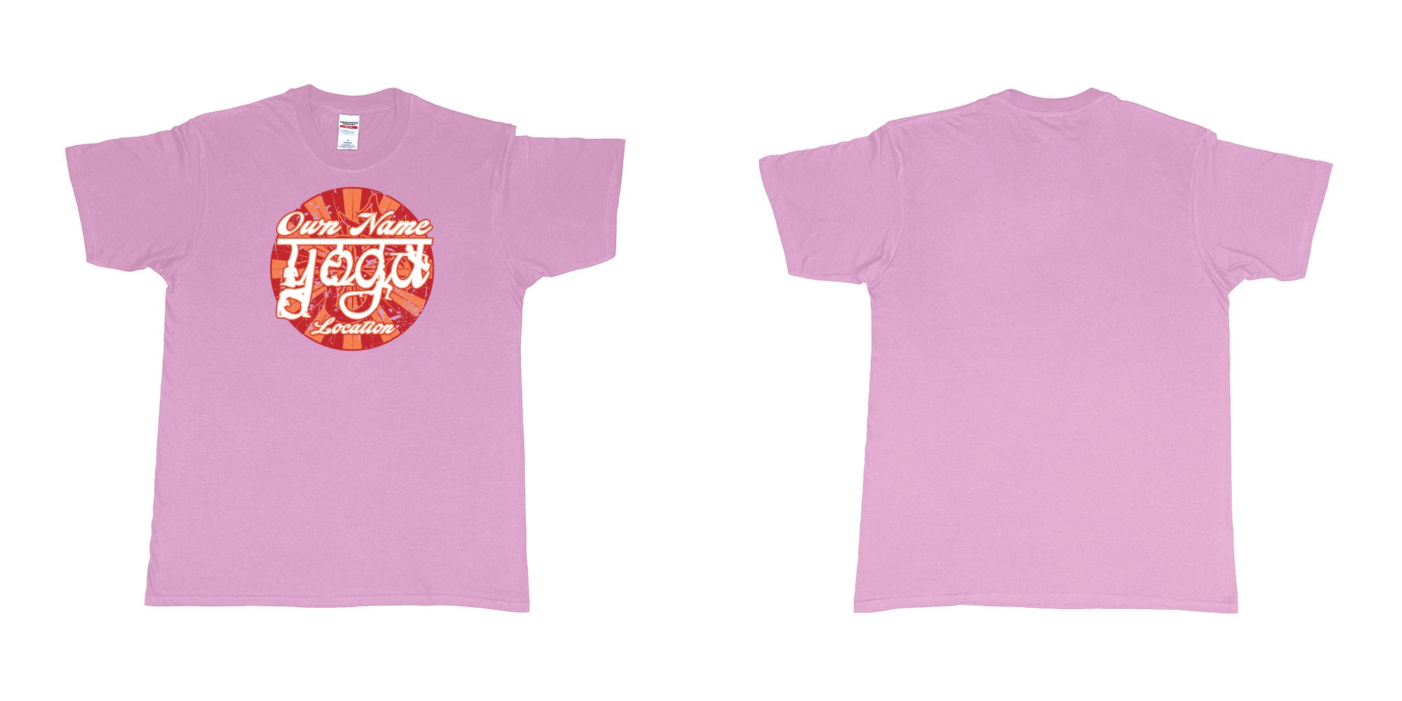Custom tshirt design personalized yoga om sun retro own studio name location printing bali in fabric color light-pink choice your own text made in Bali by The Pirate Way
