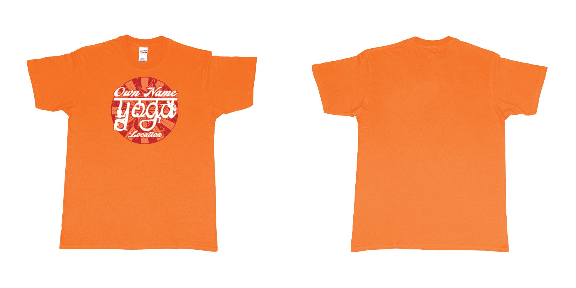 Custom tshirt design personalized yoga om sun retro own studio name location printing bali in fabric color orange choice your own text made in Bali by The Pirate Way