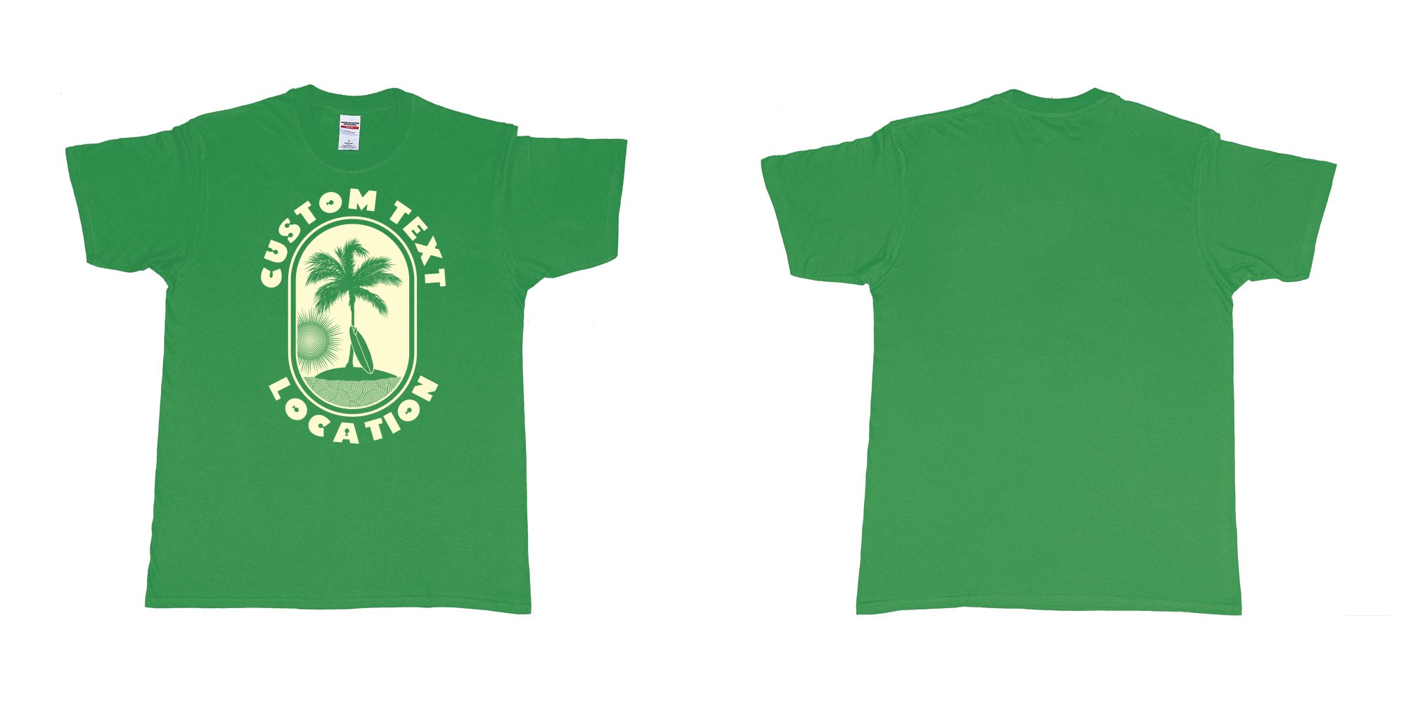Custom tshirt design pill sun sea board in fabric color irish-green choice your own text made in Bali by The Pirate Way