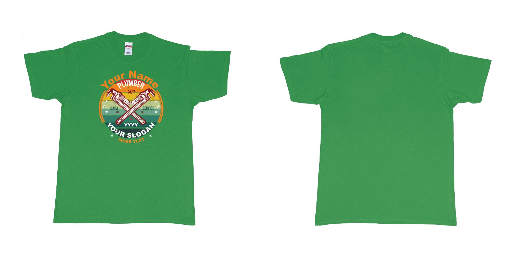 Custom tshirt design plumber plumbing wrenches circle design in fabric color irish-green choice your own text made in Bali by The Pirate Way