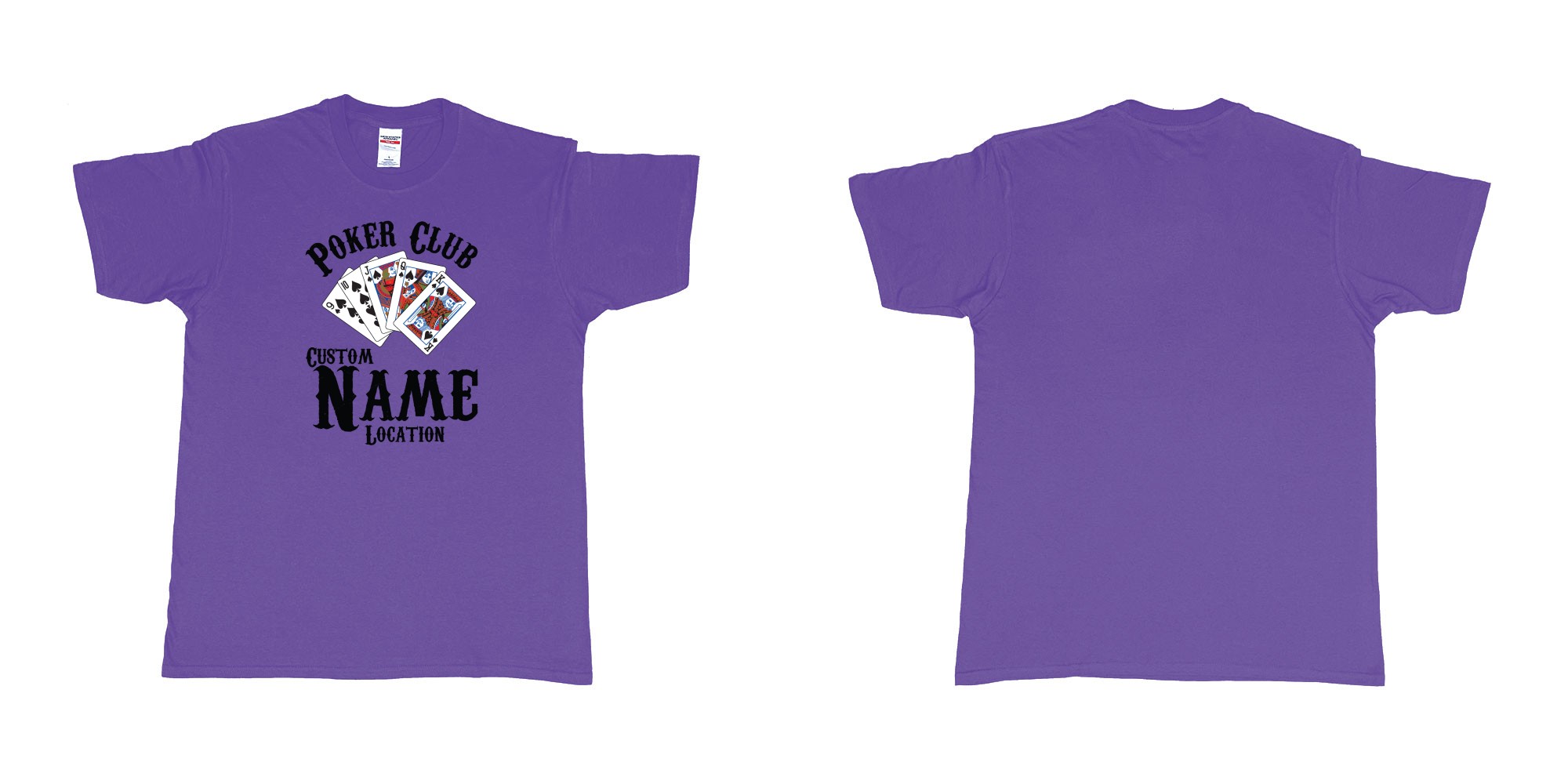 Custom tshirt design poker club custom name location design royal flush spades in fabric color purple choice your own text made in Bali by The Pirate Way