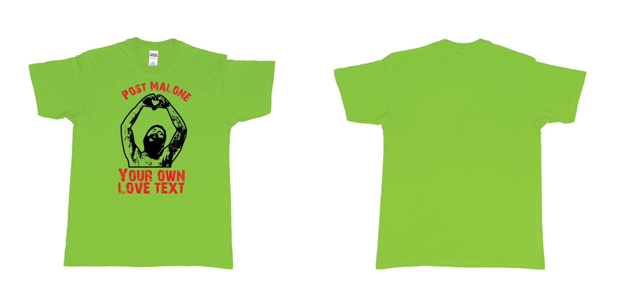 Custom tshirt design post malone making heart sign custom print in fabric color lime choice your own text made in Bali by The Pirate Way